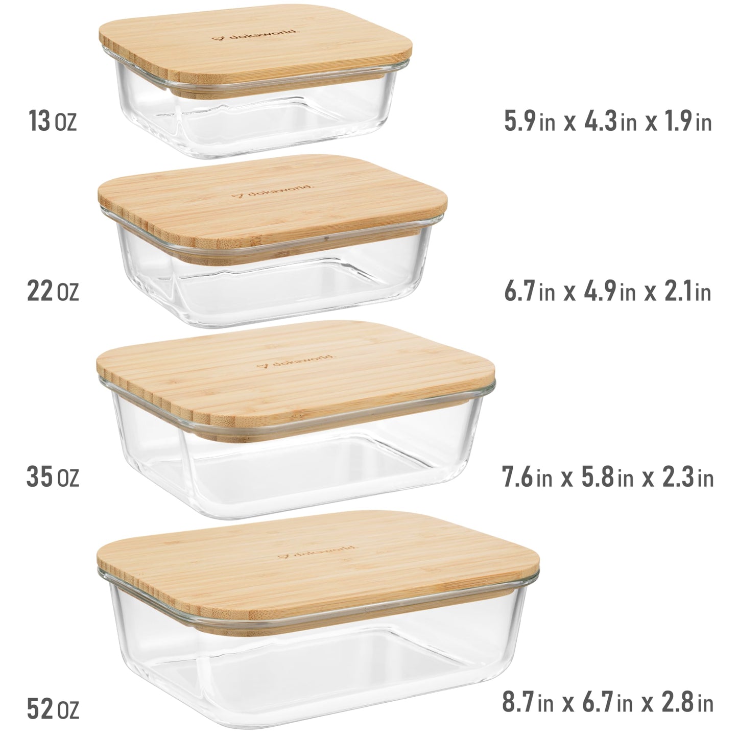 Glass Container Set with Acacia Lids - 4 Stackable Meal Prep Containers. Durable heat resistant Inert Borosilicate Glass