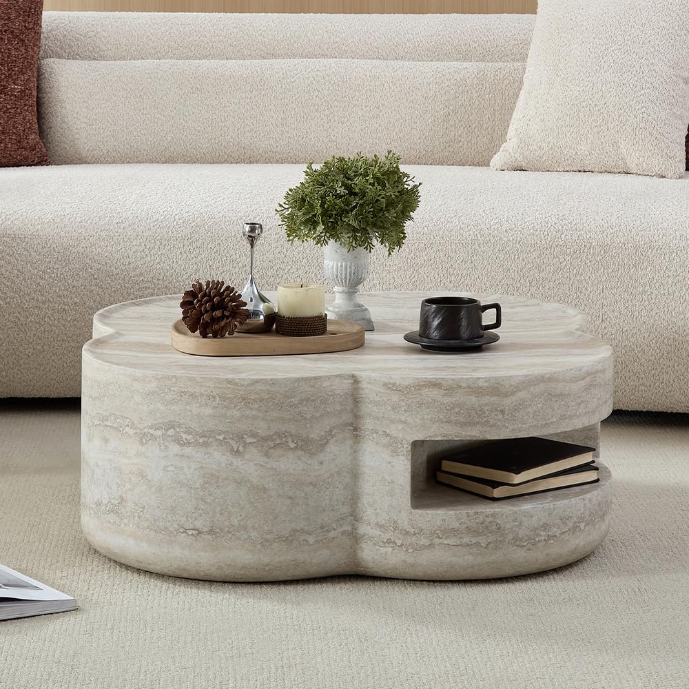 WILLIAMSPACE 43.31" Rectangle Coffee Table with Burl Wood Veneer & Sturdy Base, Modern Luxury Wood Drum Center Table End Table Accent Side Table for Living Room, Minimalist Fluted Design, Oak