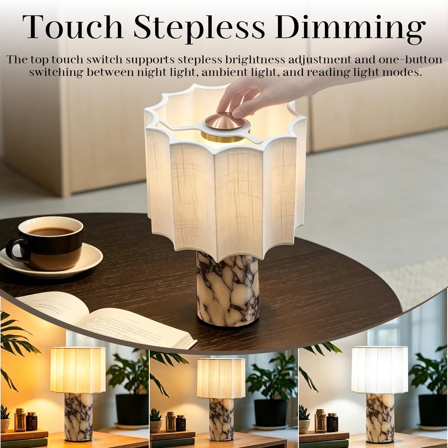 Cordless Marble Table Lamp with USB Port Rechargeable Battery