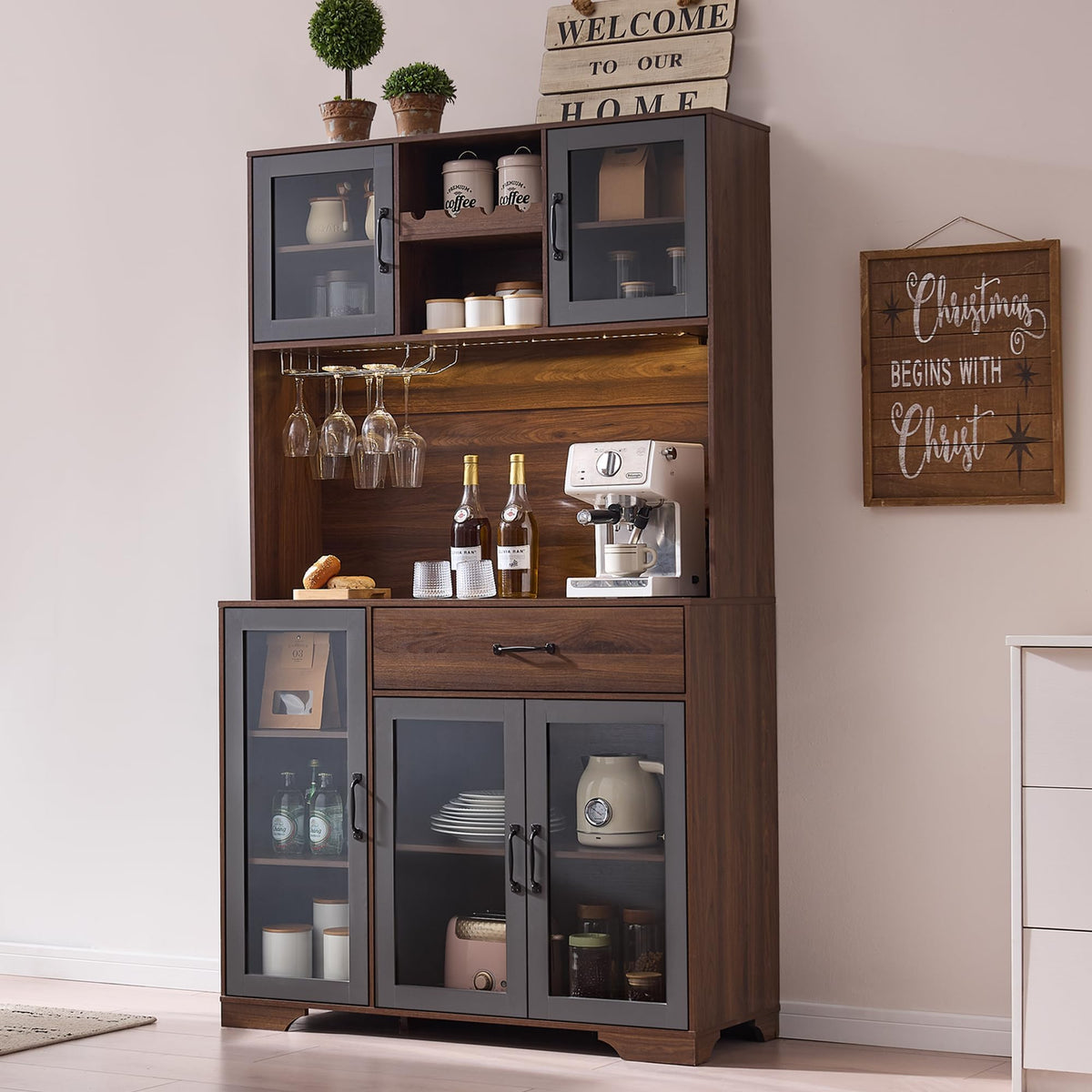 71" Cabinet with Wine Rack and Charging Station, Set of 2