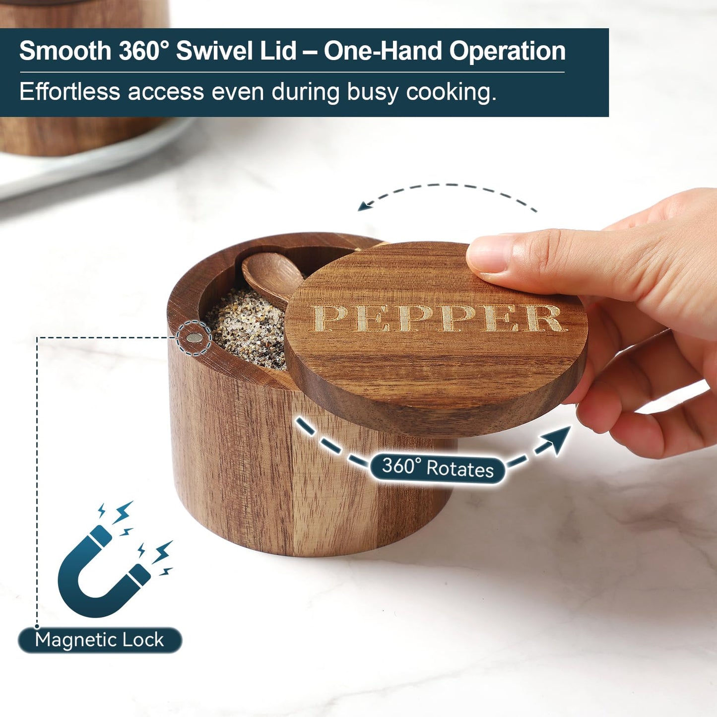 Timtopno Salt Cellar, Acacia Wood Salt Container with Built-in Spoon & Swivel Lid, Engraved SALT Box, Salt Holder Bowl for Countertop Seasoning Storage