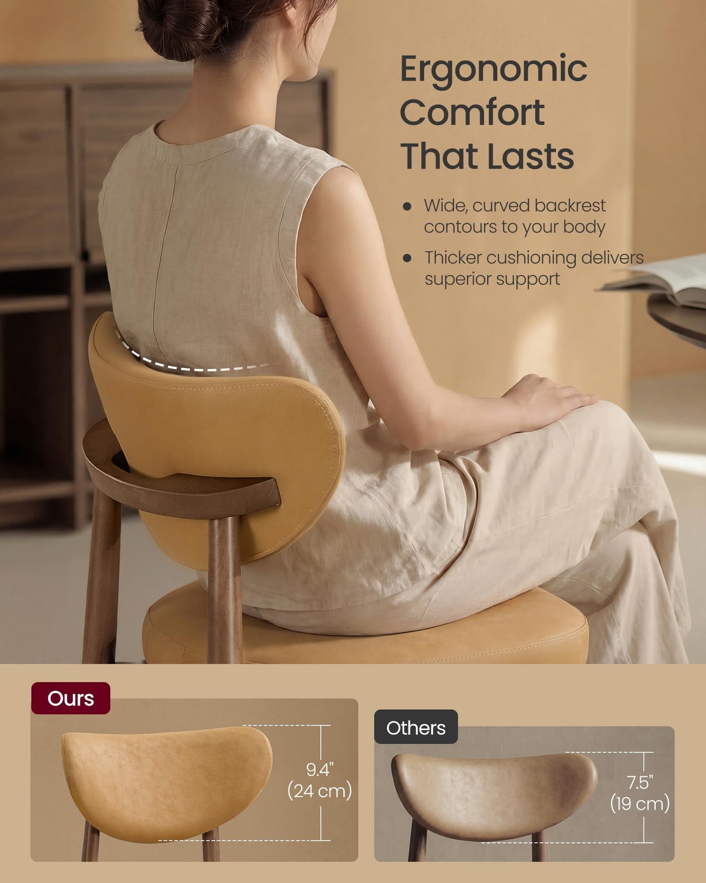VASAGLE Wooden Bar Stools Set of 2, Upholstered Counter Height Barstools with Solid Wood Legs, Ergonomic Backrest, Mid Century Modern, for Kitchen Island, Linen-Look Fabric, Cappuccino Beige
