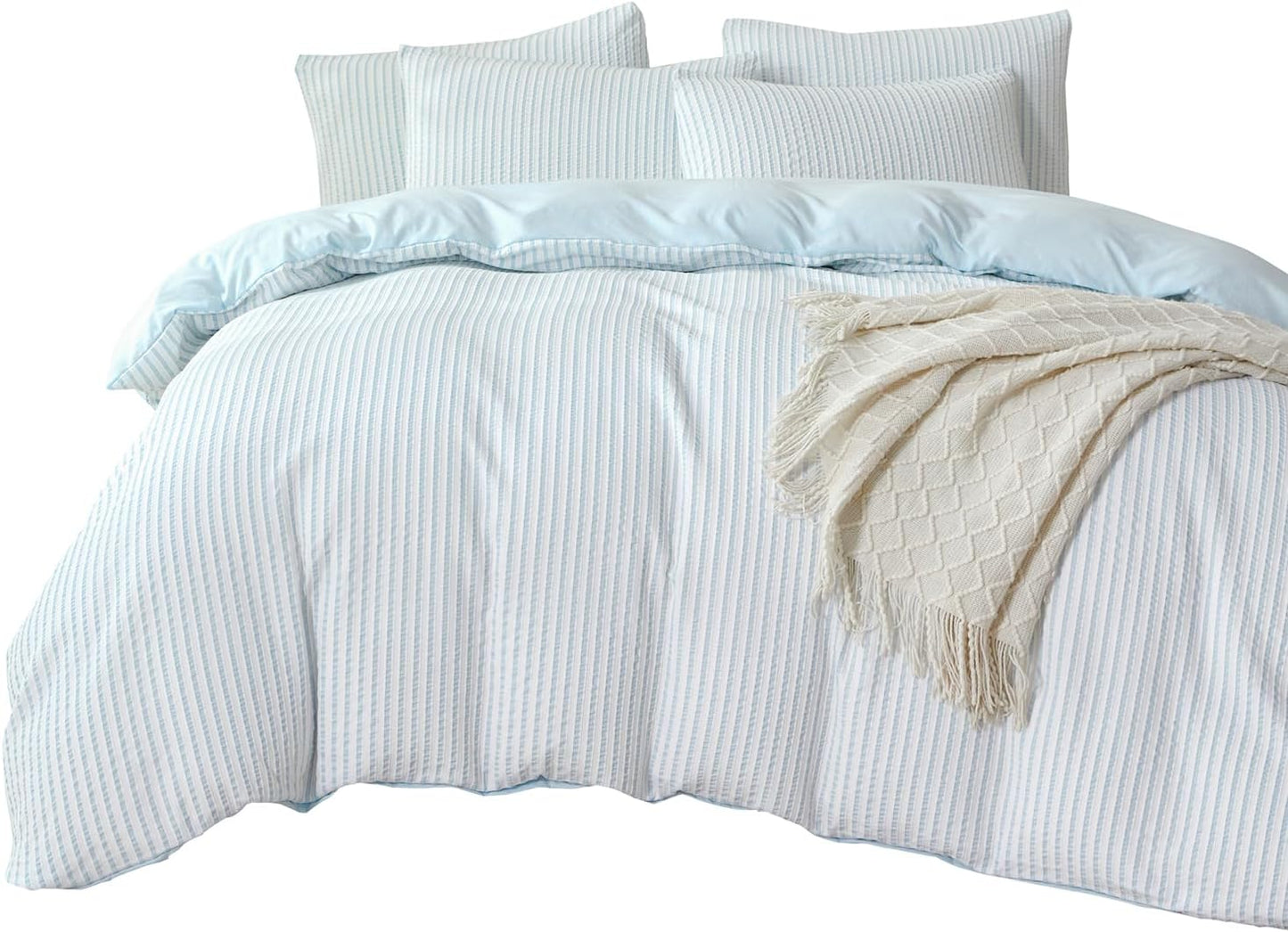 Striped Duvet Cover Queen Beige Washed Microfiber Jacquard 3 Pieces Bedding Set, White Beige Vertical Ticking Stripes Pattern Comforter Cover with Zipper Closure Breathable Durable Soft Comfy