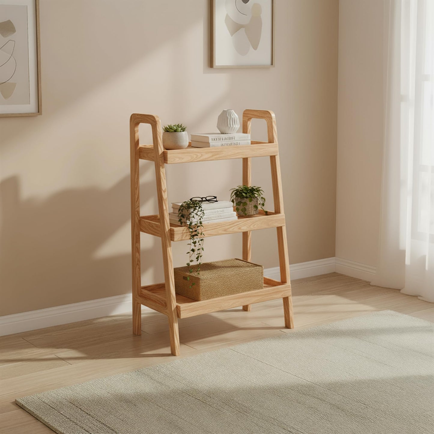 Solid Oak 3 Tier Ladder Bookshelf