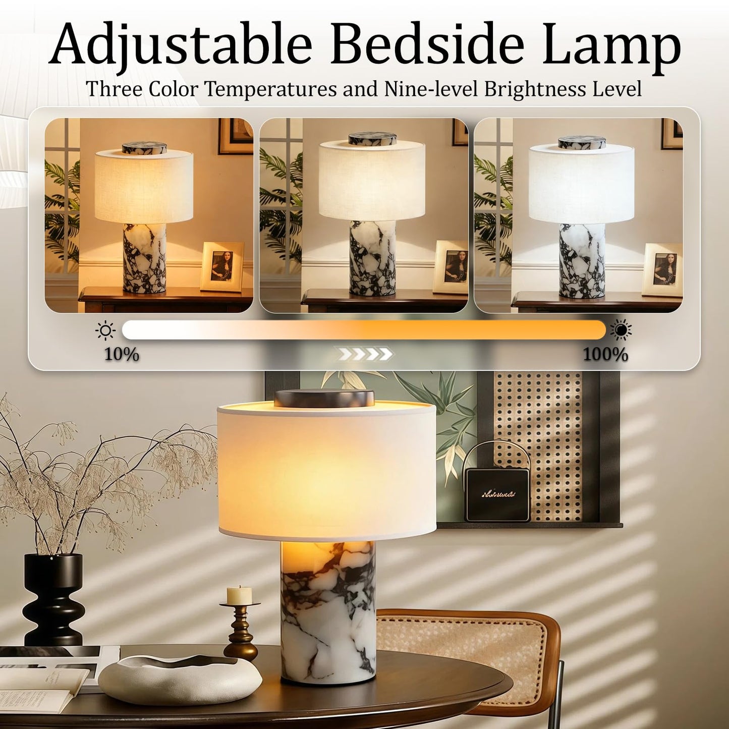 Cordless Marble Table Lamp with USB Port Rechargeable Battery