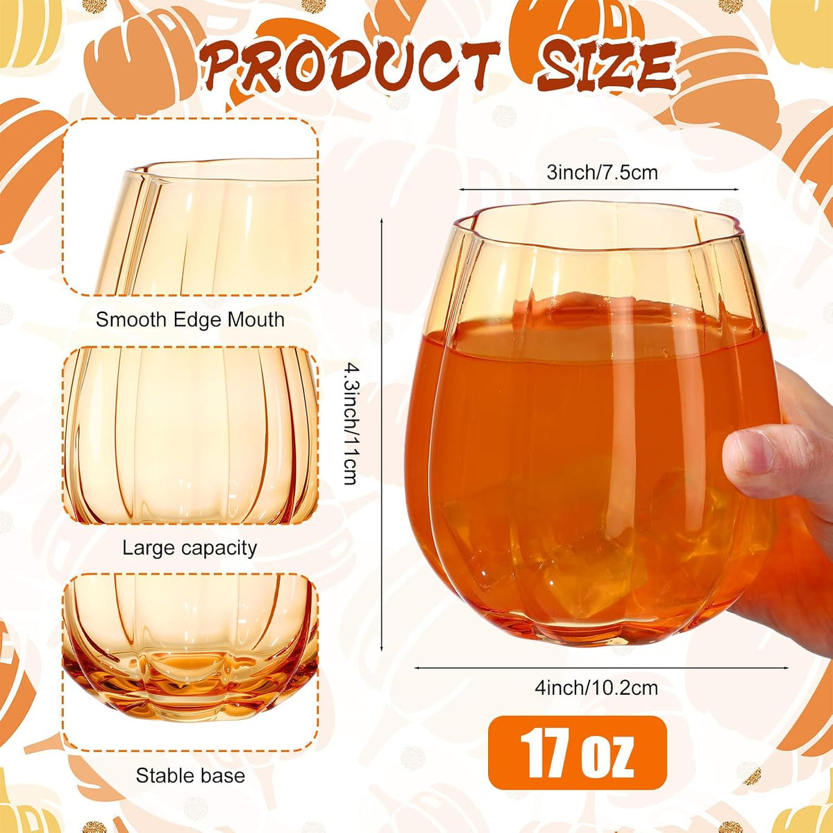 2 Pcs Fall Pumpkin Wine Glasses Stemless Glass Cups
