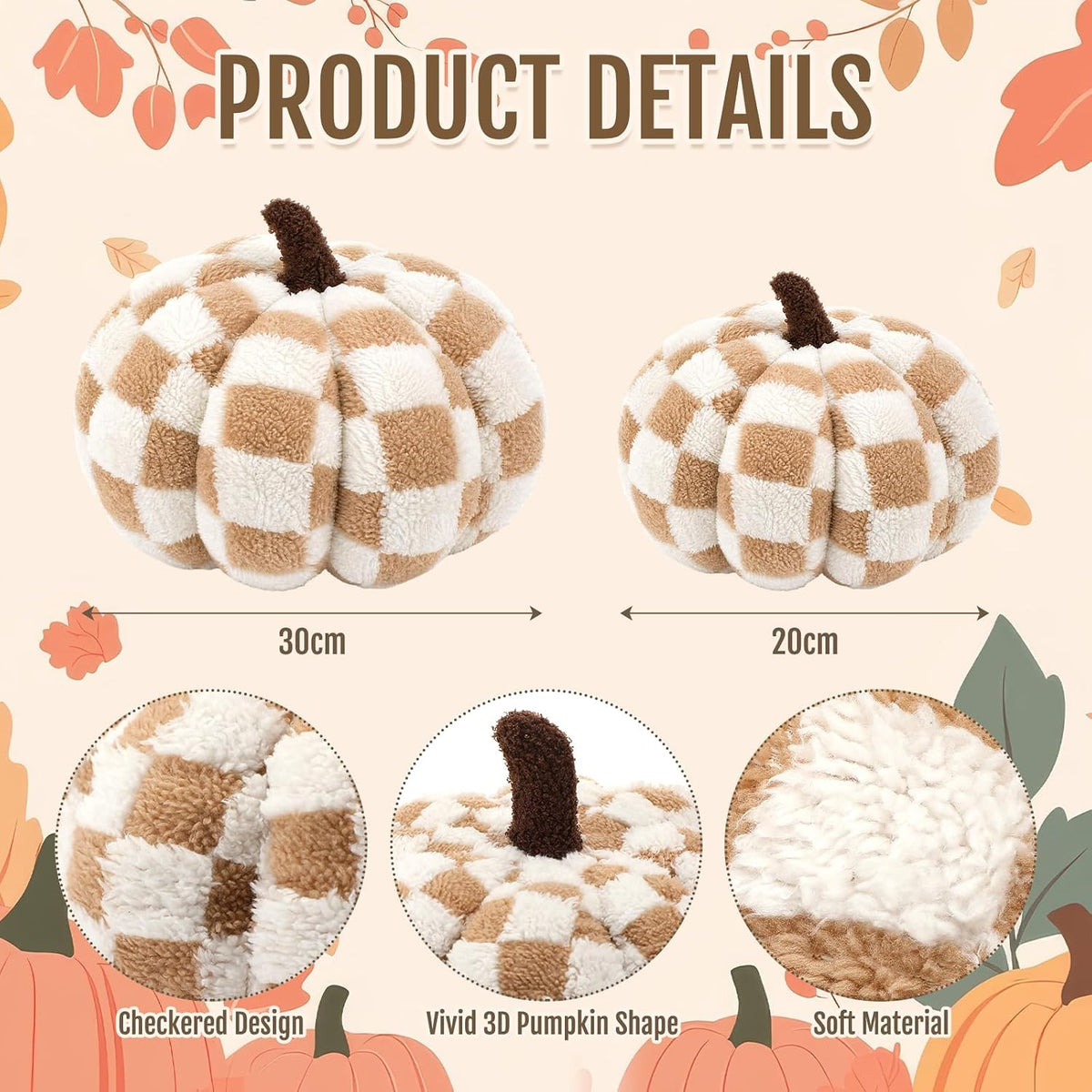 2 Pcs Pumpkin Pillows Brown White Checkerboard