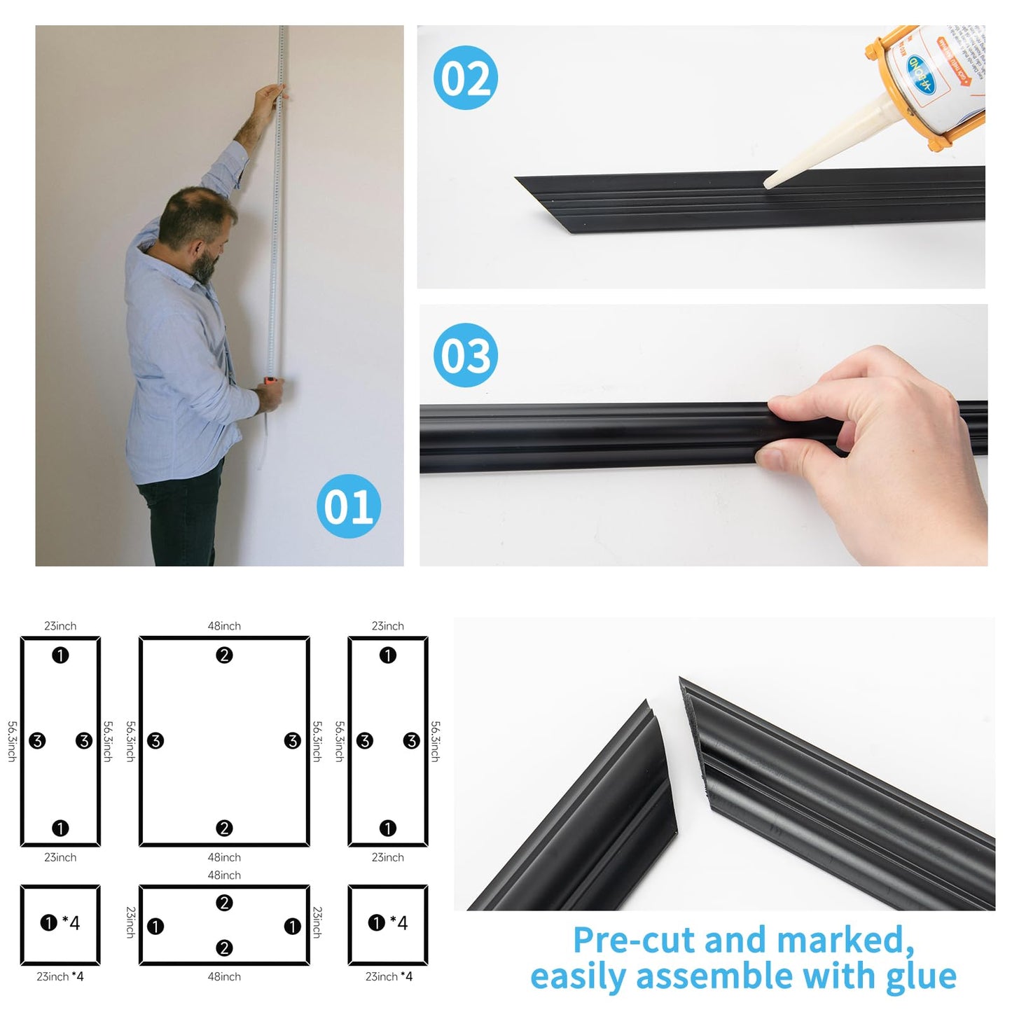 Pre-Cut Wall Molding Set of 6 pcs, Ready-to-Assemble Wainscoting Panels