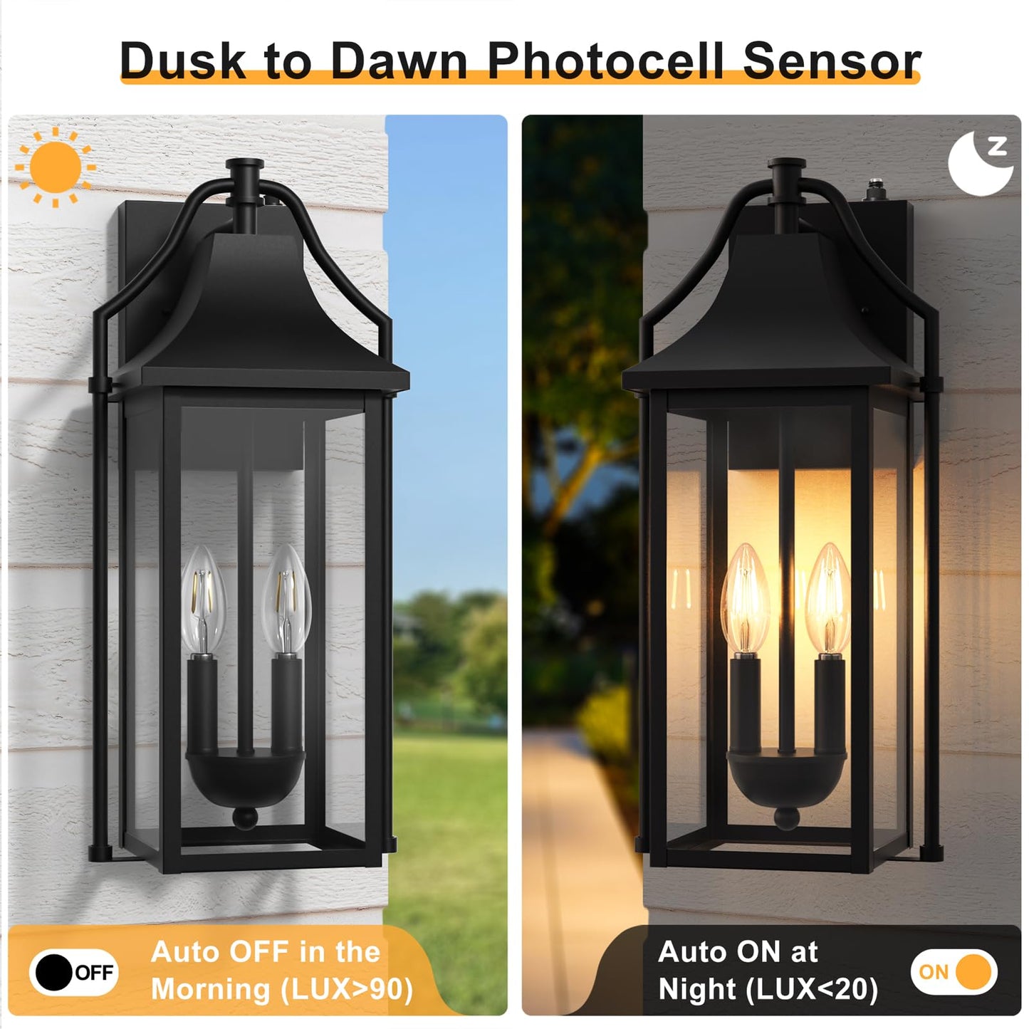Outdoor Wall Lights Fixtures, Large Size Dusk to Dawn Waterproof Exterior Lanterns, Modern Porch Sconce Wall Mounted with Glass