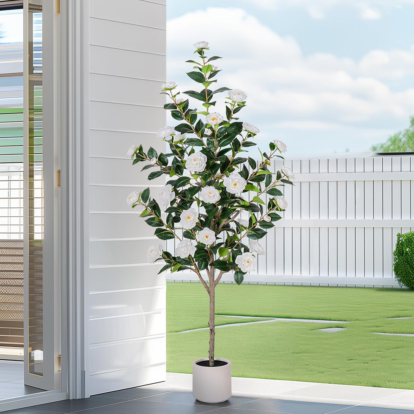 Yepdin 63 inch Artificial Camellia Tree with White Flower Pots - White Fake Tree,5 Ft Faux Plants Indoor wich Blooming,Artificial Plants for Indoor & Outdoor Home Front Door Decor