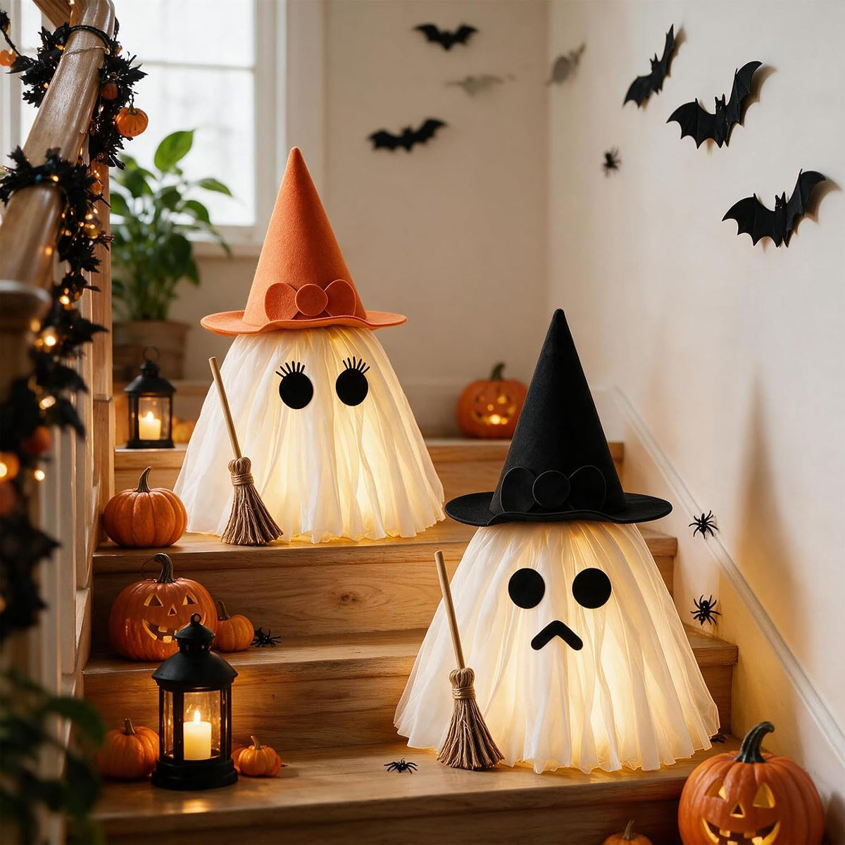 Halloween Decorations – Set of 2 Light-Up Ghosts with Witch Hats