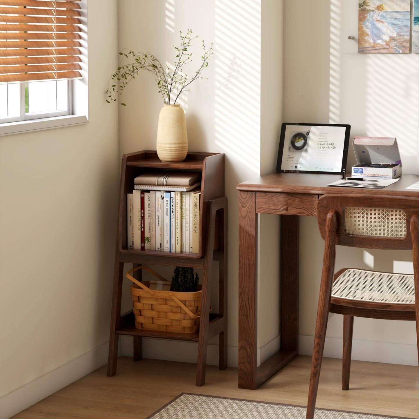 Solid Oak 3 Tier Ladder Bookshelf