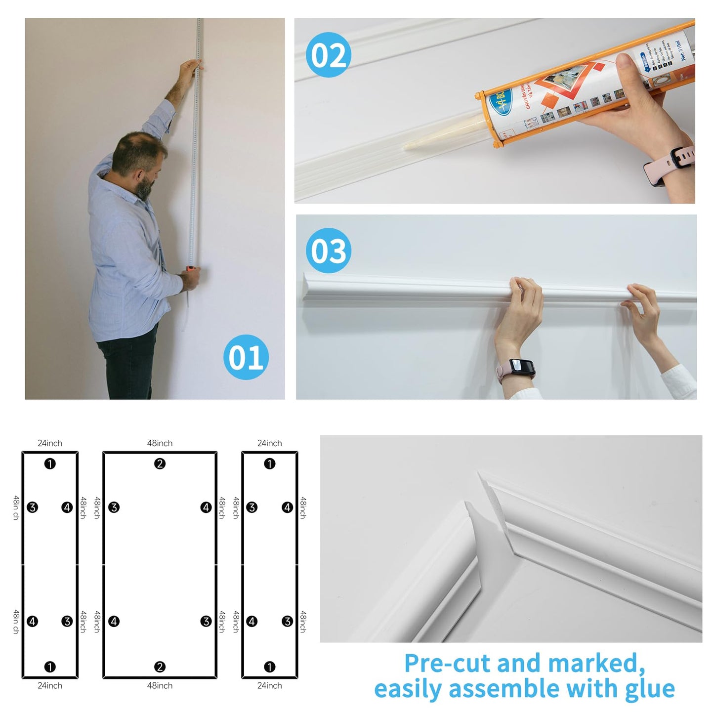 Pre-Cut Wall Molding Set of 6 pcs, Ready-to-Assemble Wainscoting Panels