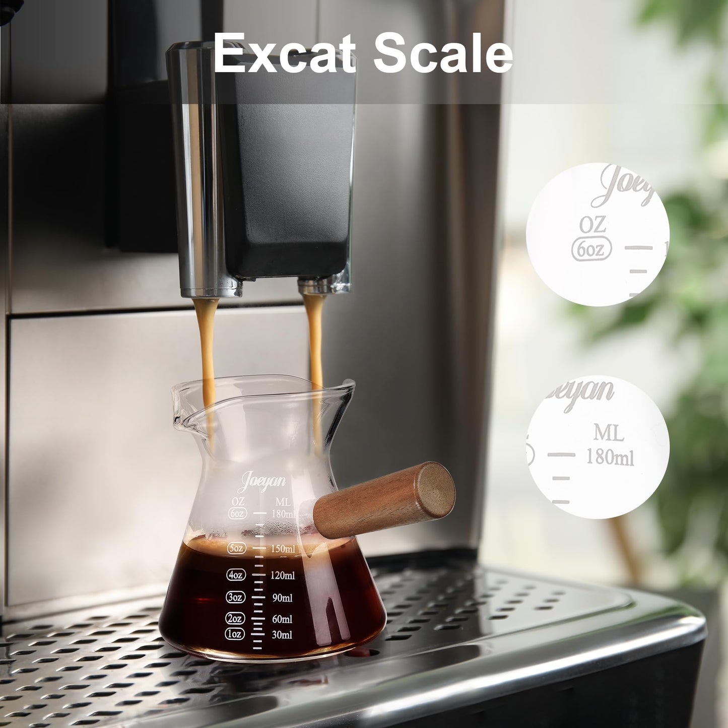 Joeyan 6 oz Glass Measuring Cups with Spout,Borosilicate Glass Triple Pitcher with Scale,Origami Style Espresso Shot Glasses with Wood Handle for Coffee Milk,Dishwasher Safe