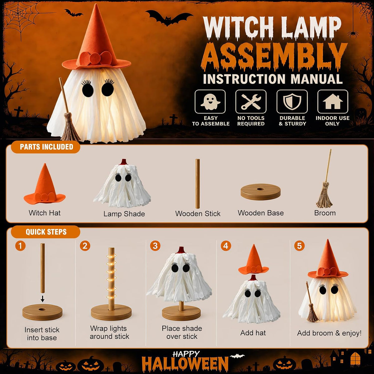 Halloween Decorations – Set of 2 Light-Up Ghosts with Witch Hats