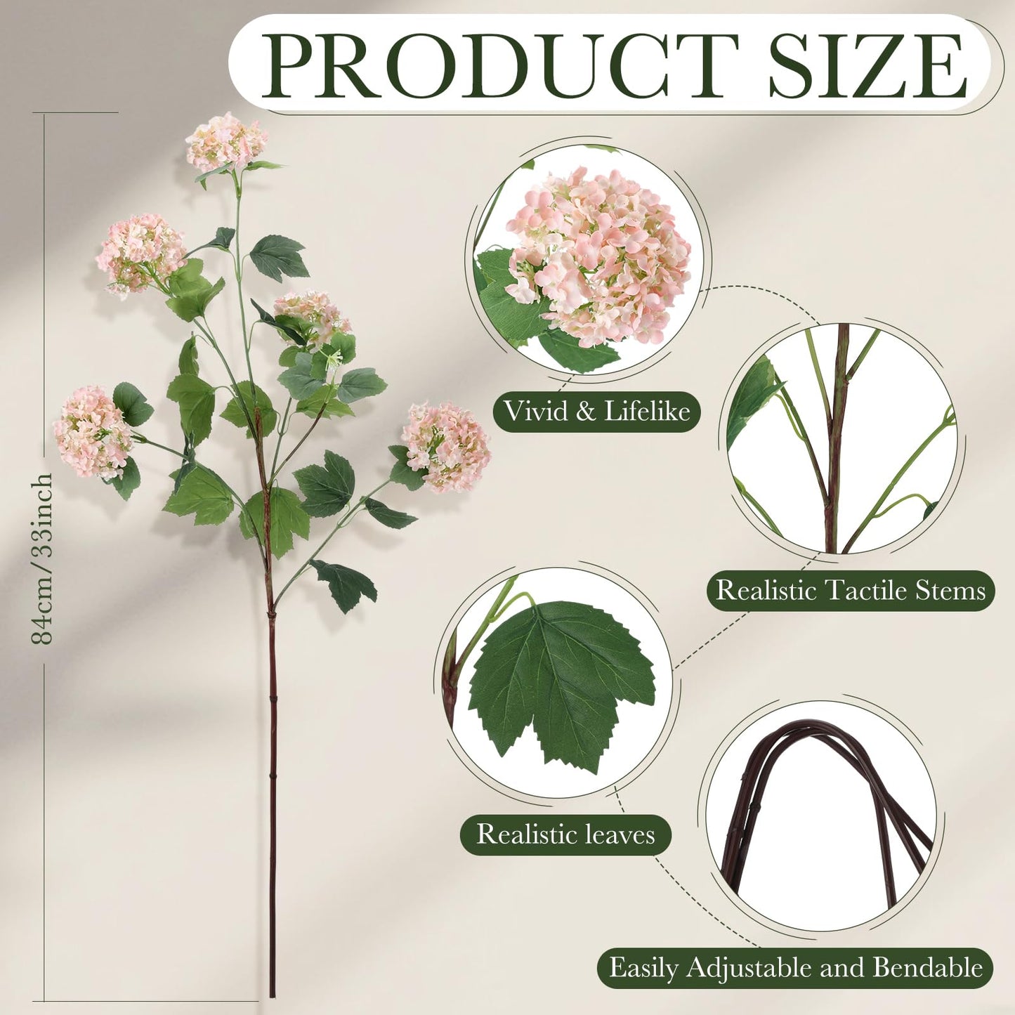 4 Pcs 33" Tall Artificial Snowball Hydrangea Flowers, Silk Hydrangeas with 20 Heads Long Stem for Tall Vase Decor, Wedding Table Centerpiece, Outdoor Living Room Arrangement(White Pink)