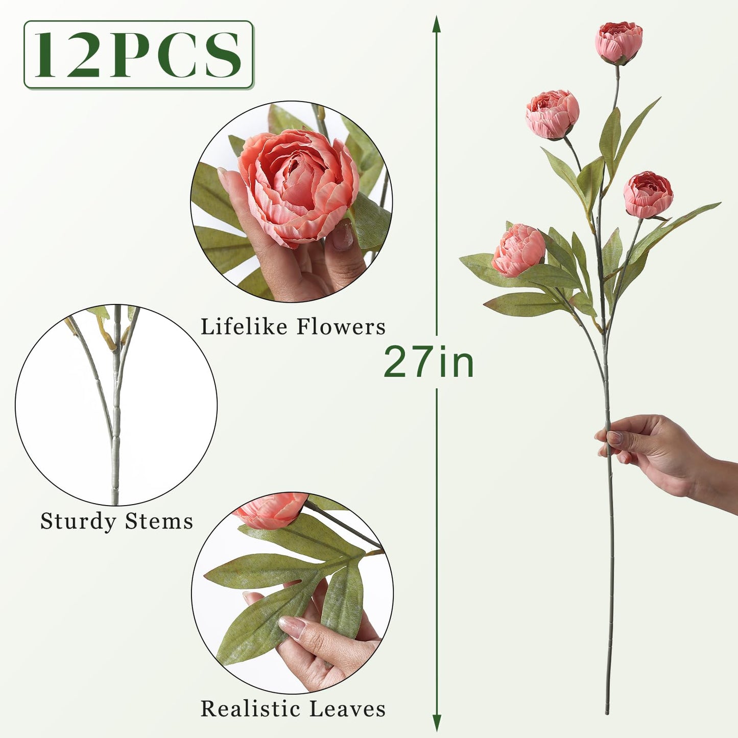 6 Pcs Faux Silk Peony Artificial Flowers 27" Stems