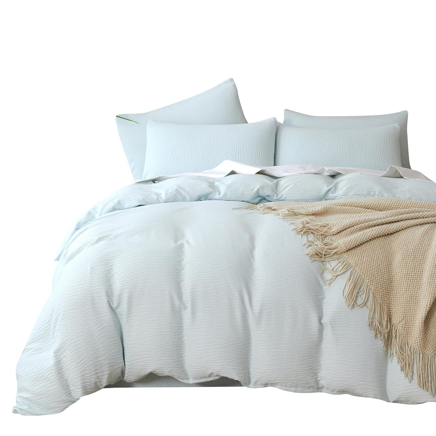 Striped Duvet Cover Queen Beige Washed Microfiber Jacquard 3 Pieces Bedding Set, White Beige Vertical Ticking Stripes Pattern Comforter Cover with Zipper Closure Breathable Durable Soft Comfy