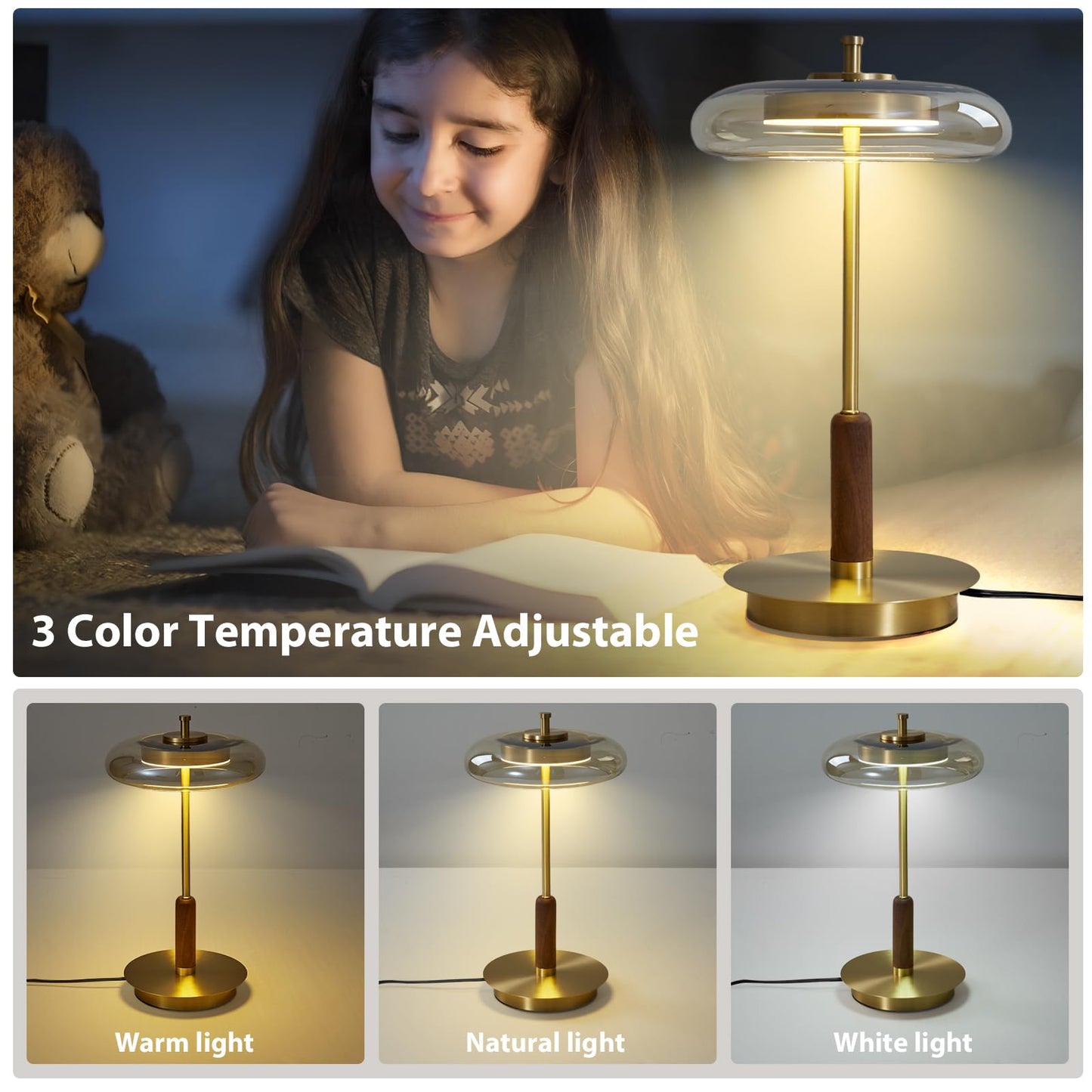 Brass Base Mushroom Table Lamp for Bedroom, Small Desk Lamp with Amber Glass Shade, LED Three Color Temperature Adjustable Brightness Modern Side Table Lighting (H 15.4 in)