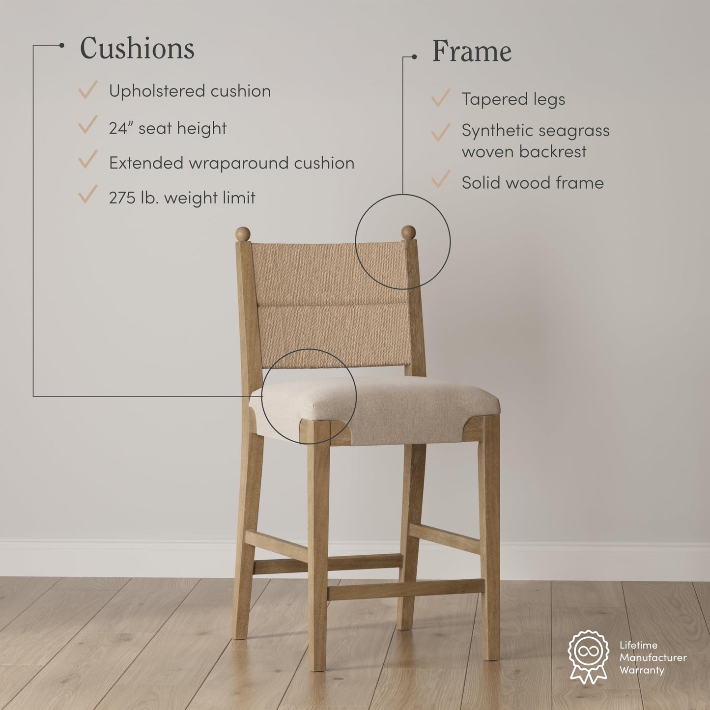 Nathan James Rikki Seagrass Bar Stool with Back, 2-Pack Boucle Counter Stool with Upholstered Seat, Solid Wood Frame, and Woven Seagrass Backrest
