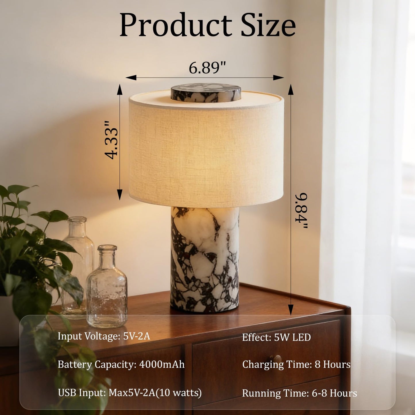 Cordless Marble Table Lamp with USB Port Rechargeable Battery