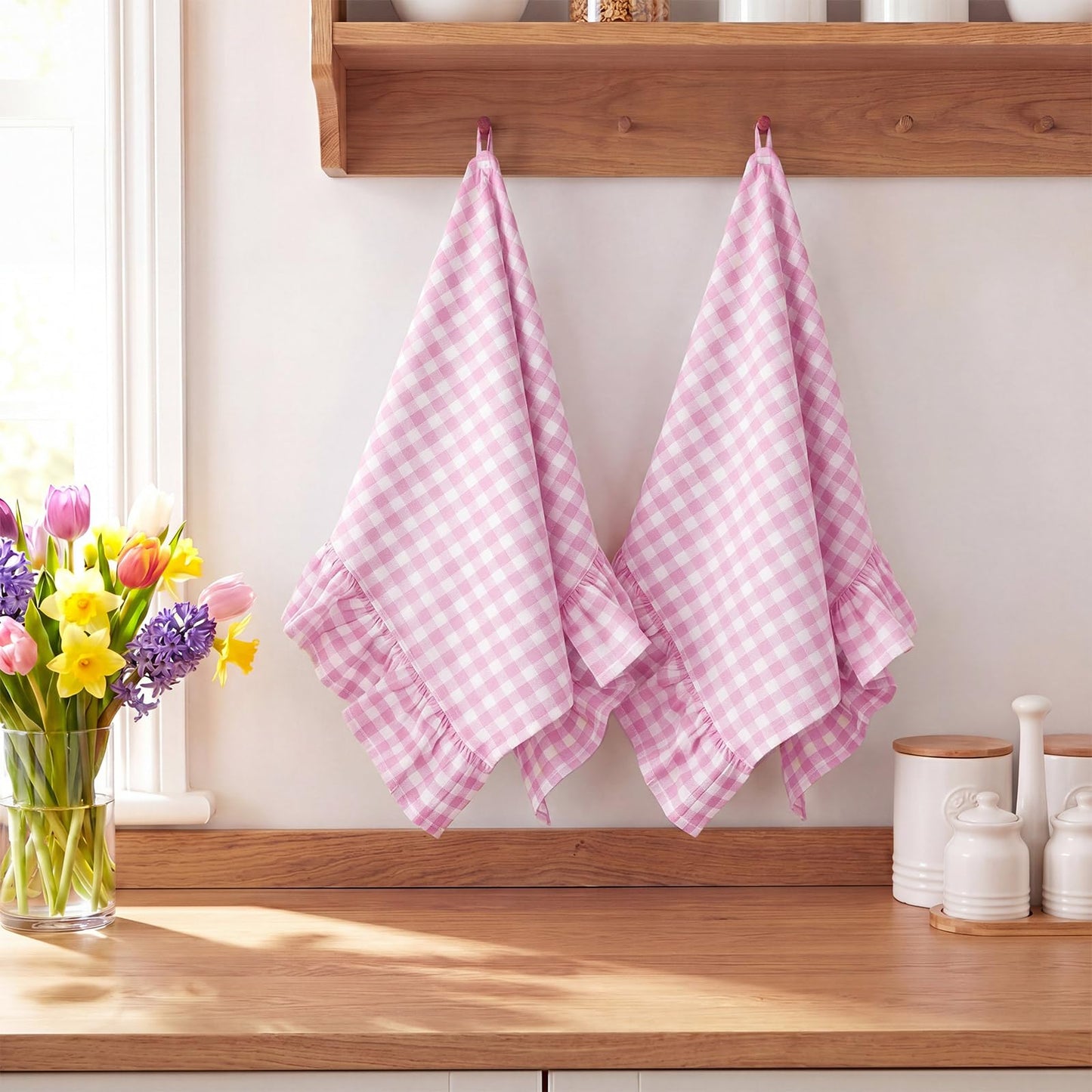 HunnmingRe Taupe Kitchen Towels Set of 2, 100% Cotton Ruffled Gingham Dish Towels 18"x28" Tea Cloths Classic Plaid Pattern for Farmhouse Charm, Drying Dishes, Entertaining Guests