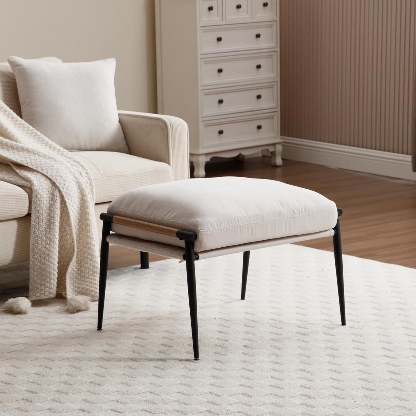 Chenille Upholstered Footstool with Black Legs