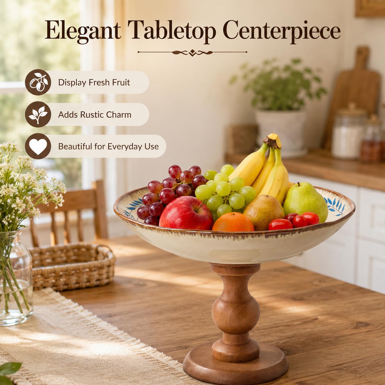 9″ Ceramic Pedestal Fruit Bowl with Removable Wooden Stand, Decorative Floral Serving Bowl for Kitchen Counter, Fruit, Desserts, Vegetables & Home Decor