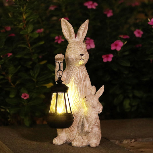 Garden Statues Rabbit with Solar Lights- Bunny Figurine Outdoor Rabbit Fall Decor for Home Lawn,Balcony-Yard Art Garden&Patio Whimsical Decor,Unique Housewarming&Birthday Gifts for Women Mom