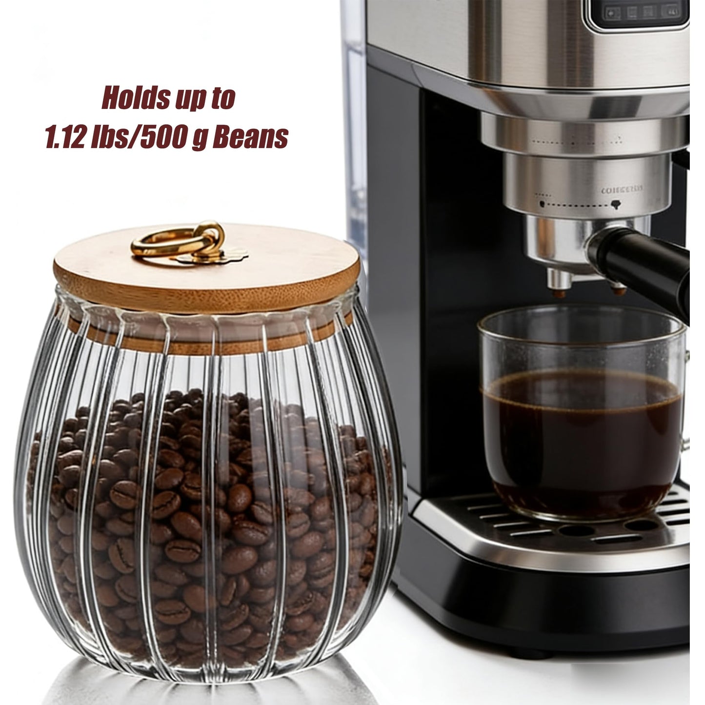 FANTESTICRYAN Glass Coffee Nuts Canister Airtight Storage Jar Petal Decorative Container with Bamboo Lid Metal Handle Easy to Grasp 700ml, 23 FL OZ