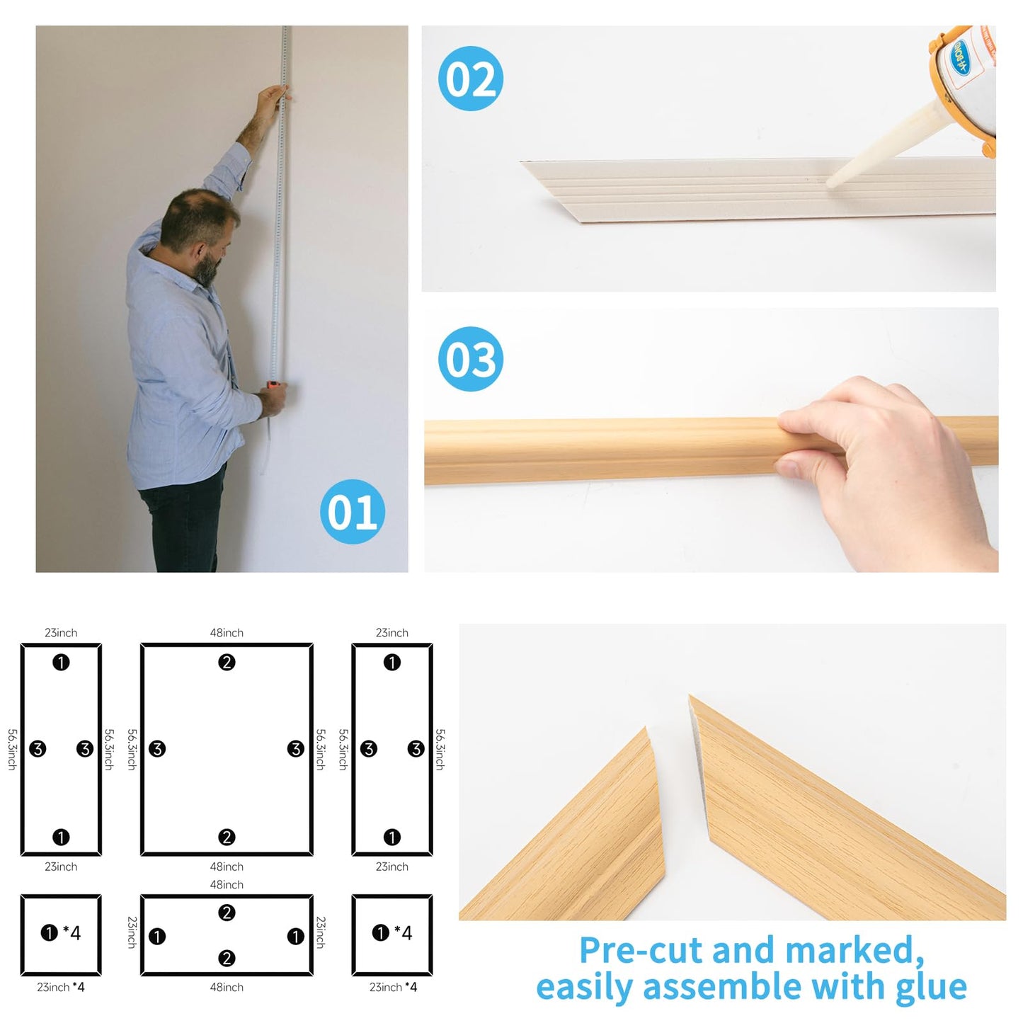Pre-Cut Wall Molding Set of 6 pcs, Ready-to-Assemble Wainscoting Panels