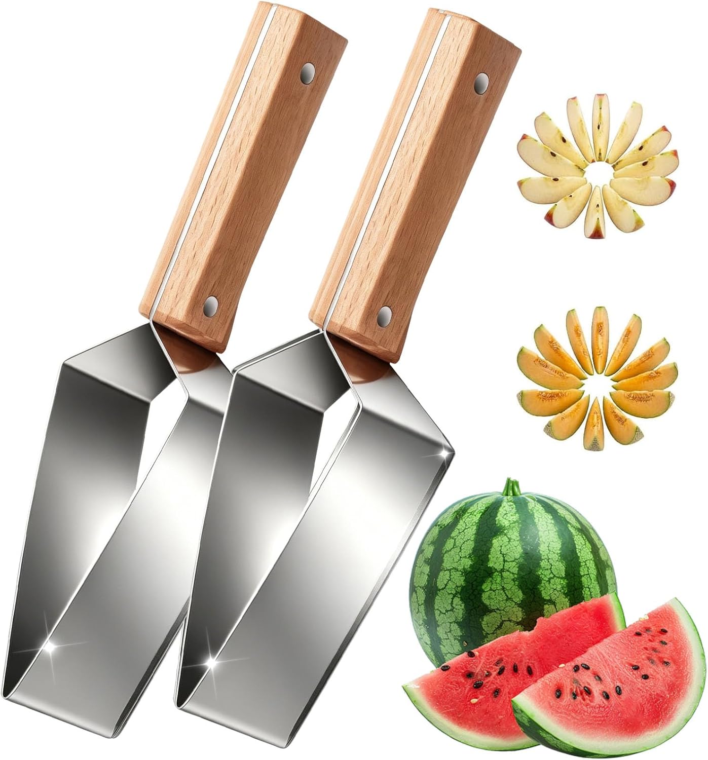 2Pcs Stainless Steel Watermelon Slicer,2026 New Triangle Watermelon Cutter,Handheld Watermelon Cutting Tool Stainless Steel with Wooden Handle for a Variety of Fruits Watermelon, Cantaloupe, Honeydew