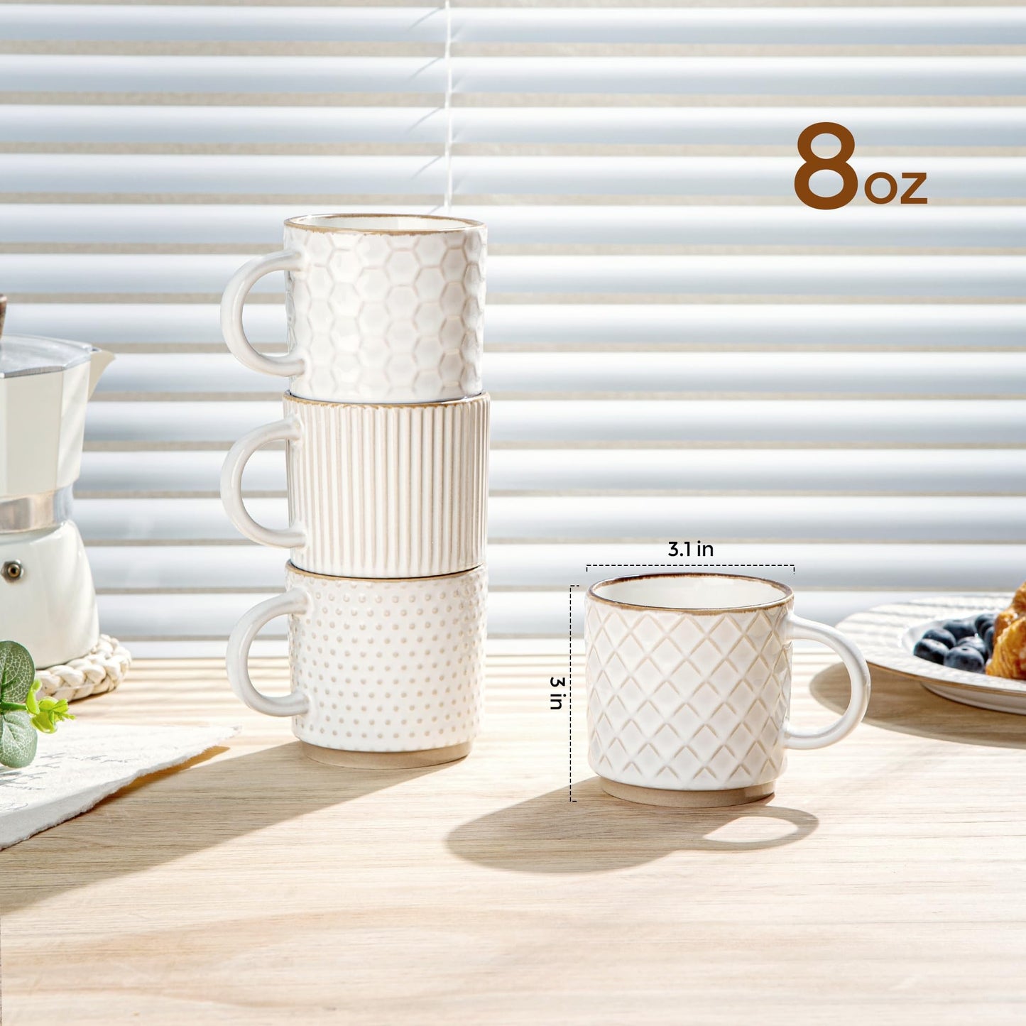 GBhome 12OZ Stackable Coffee Mugs, Ceramic Coffee Mugs with Texture Patterns for Man,Woman,Dad,Mom, Modern Coffee Mugs Set of 4 for Latte/Cappuccino/Cocoa. Dishwasher&Microwave Safe, Pale Khaki