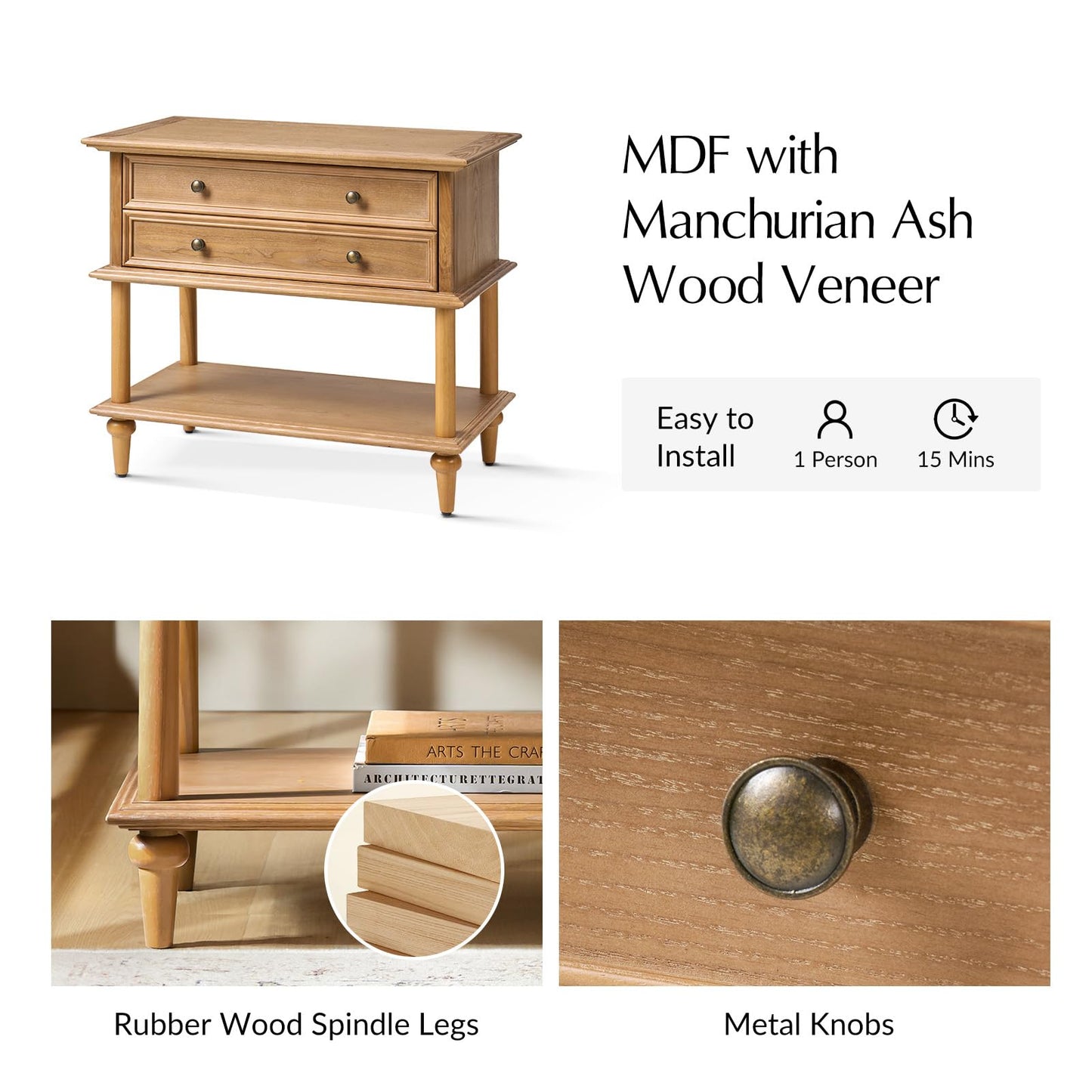 Natural Wood Nightstand with Drawer & Open Shelf