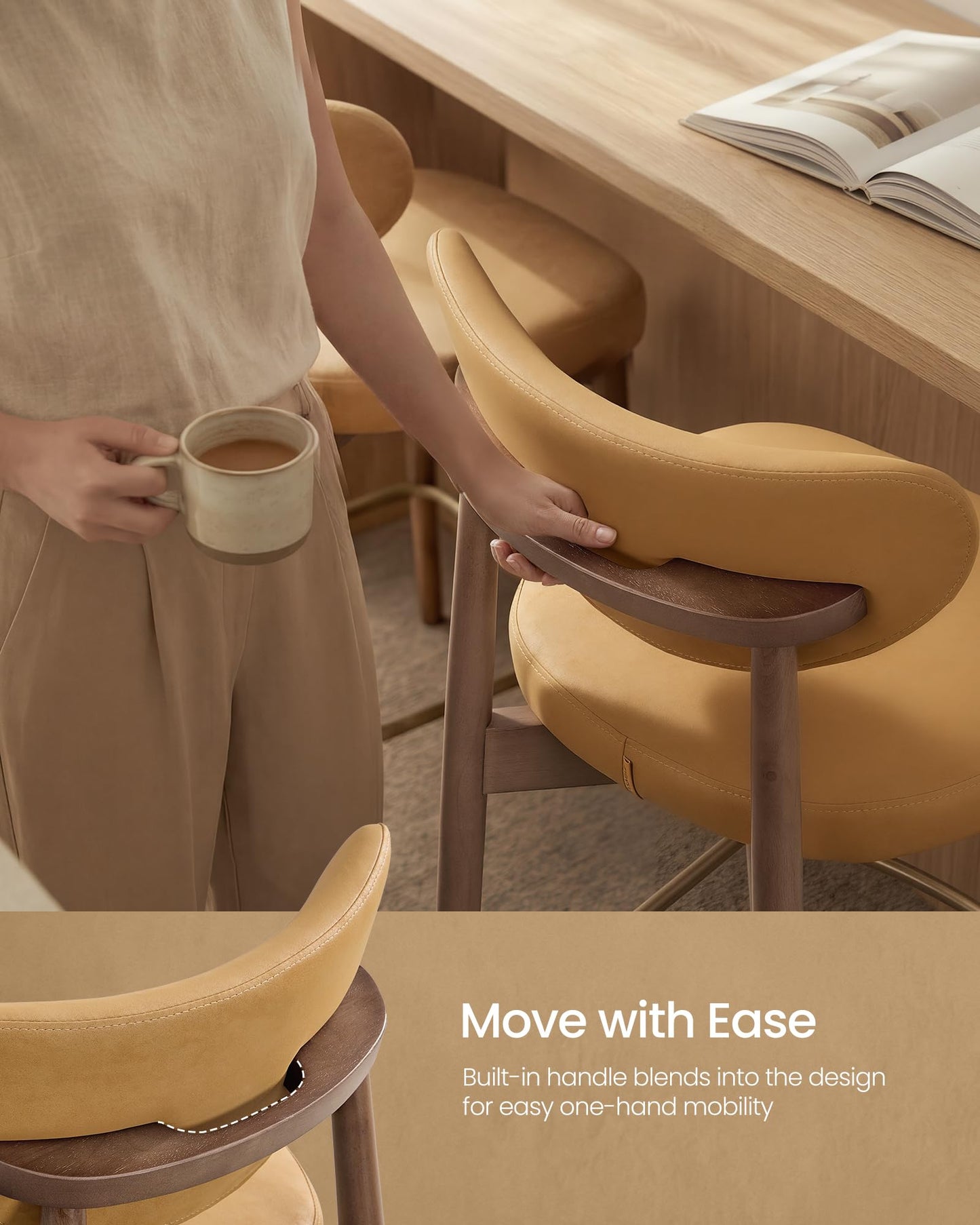 VASAGLE Wooden Bar Stools Set of 2, Upholstered Counter Height Barstools with Solid Wood Legs, Ergonomic Backrest, Mid Century Modern, for Kitchen Island, Linen-Look Fabric, Cappuccino Beige