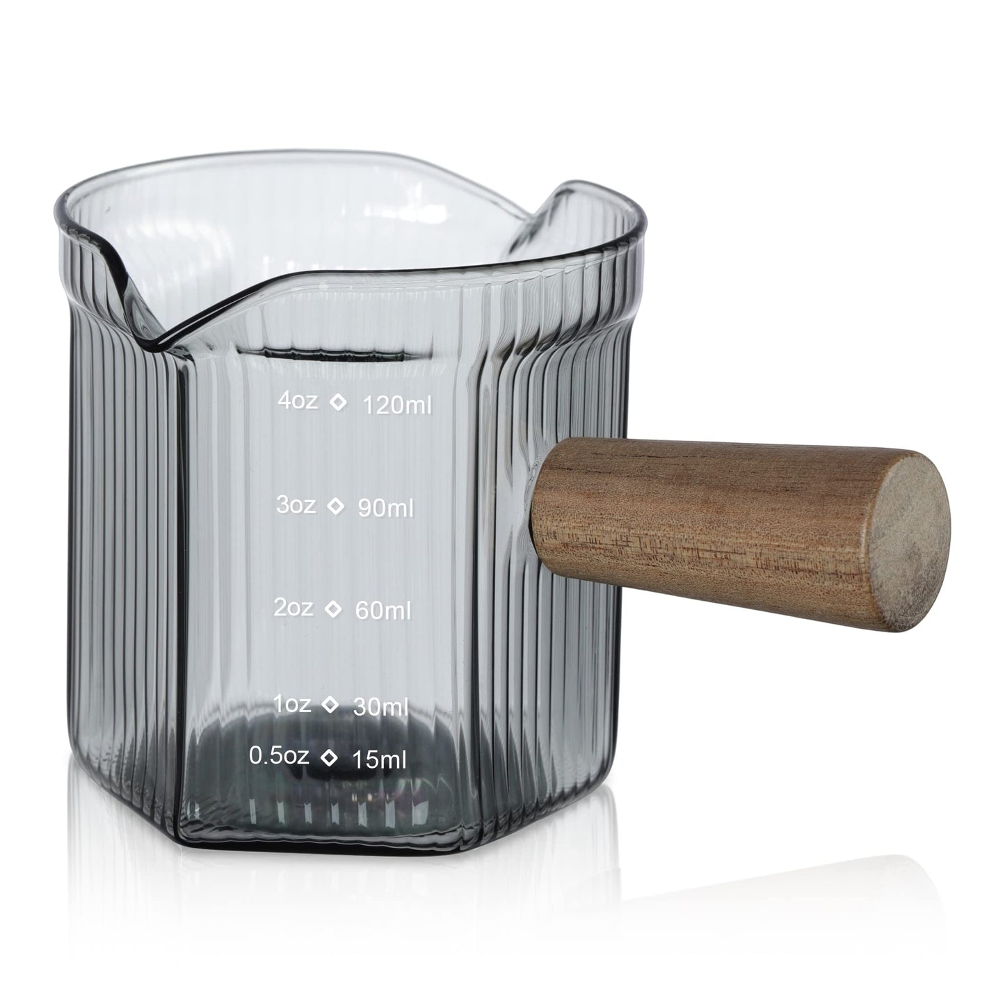 Joeyan 6 oz Glass Measuring Cups with Spout,Borosilicate Glass Triple Pitcher with Scale,Origami Style Espresso Shot Glasses with Wood Handle for Coffee Milk,Dishwasher Safe