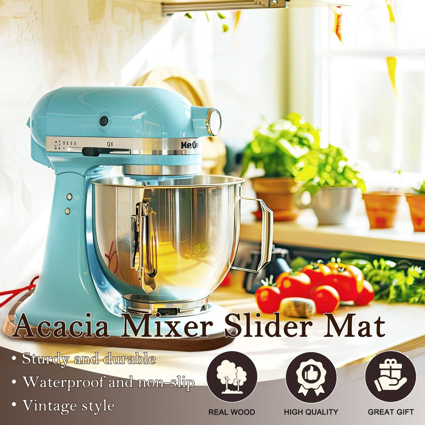 Acacia Wood Mixer Slider Mat for Kitchen Aid 4.5-5 Qt Tilt-Head Stand Mixer Kitchen Appliance Slider Tray Countertop Storage Attachments