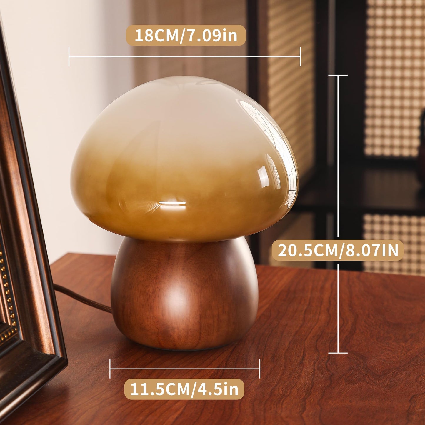 Brass Base Mushroom Table Lamp for Bedroom, Small Desk Lamp with Amber Glass Shade, LED Three Color Temperature Adjustable Brightness Modern Side Table Lighting (H 15.4 in)