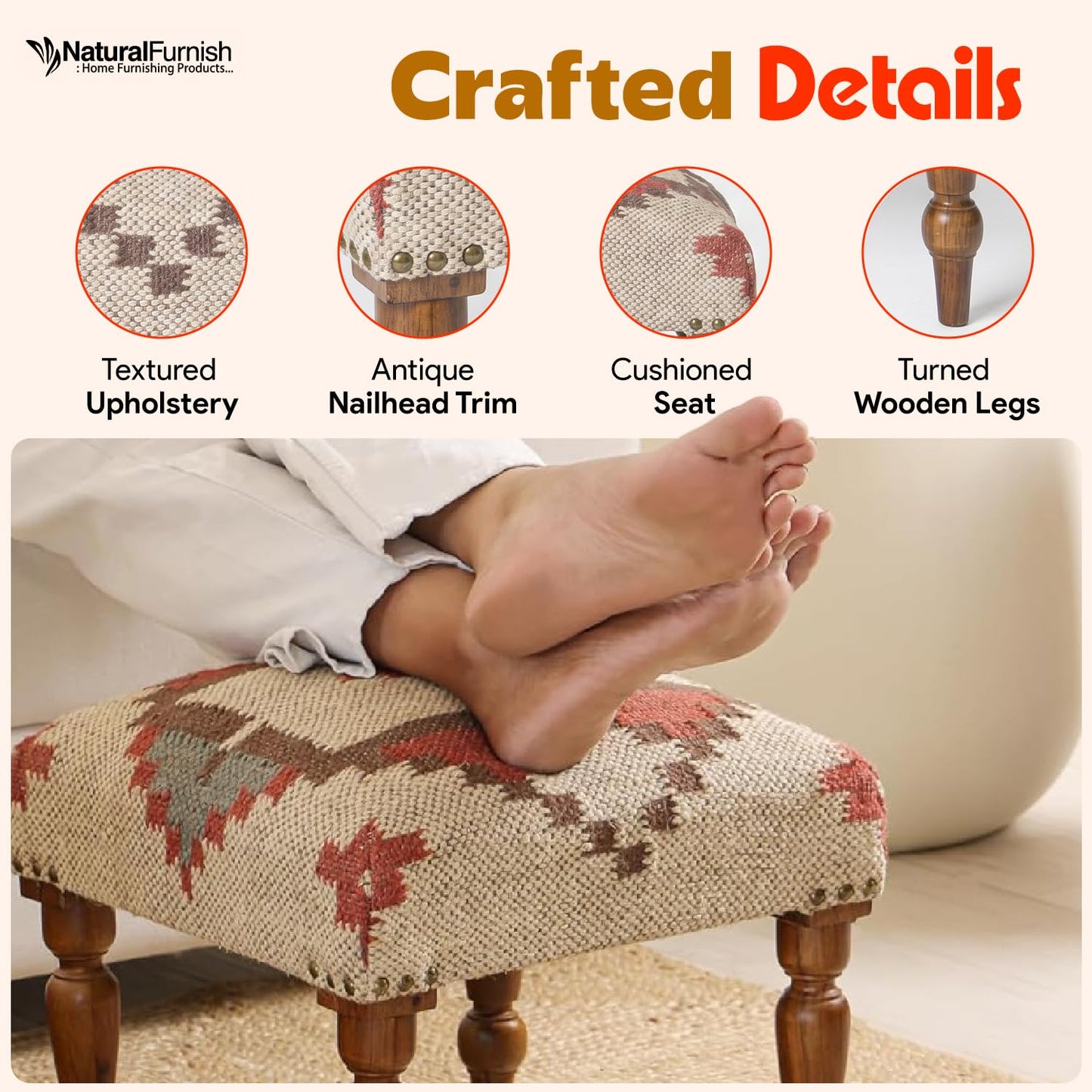 Handmade Jute Ottoman Stool with Wooden Legs