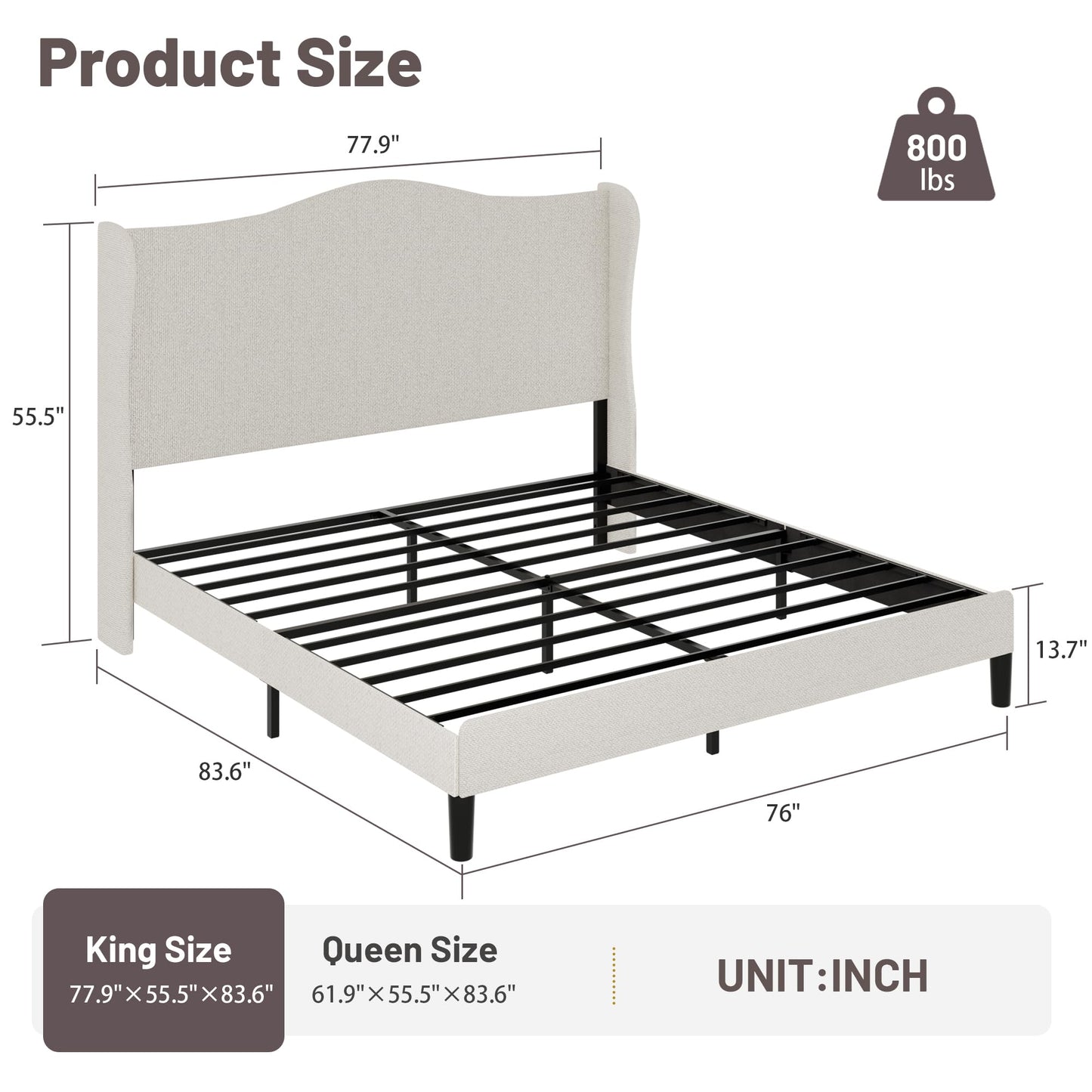 King Bed Frame with Extra Tall 55.5" Wingback Headboard, White Boucle Upholstered Platform Bed Frame, Modern Cloud Bed, Noise-Free, Metal Slats Support, No Box Spring Needed