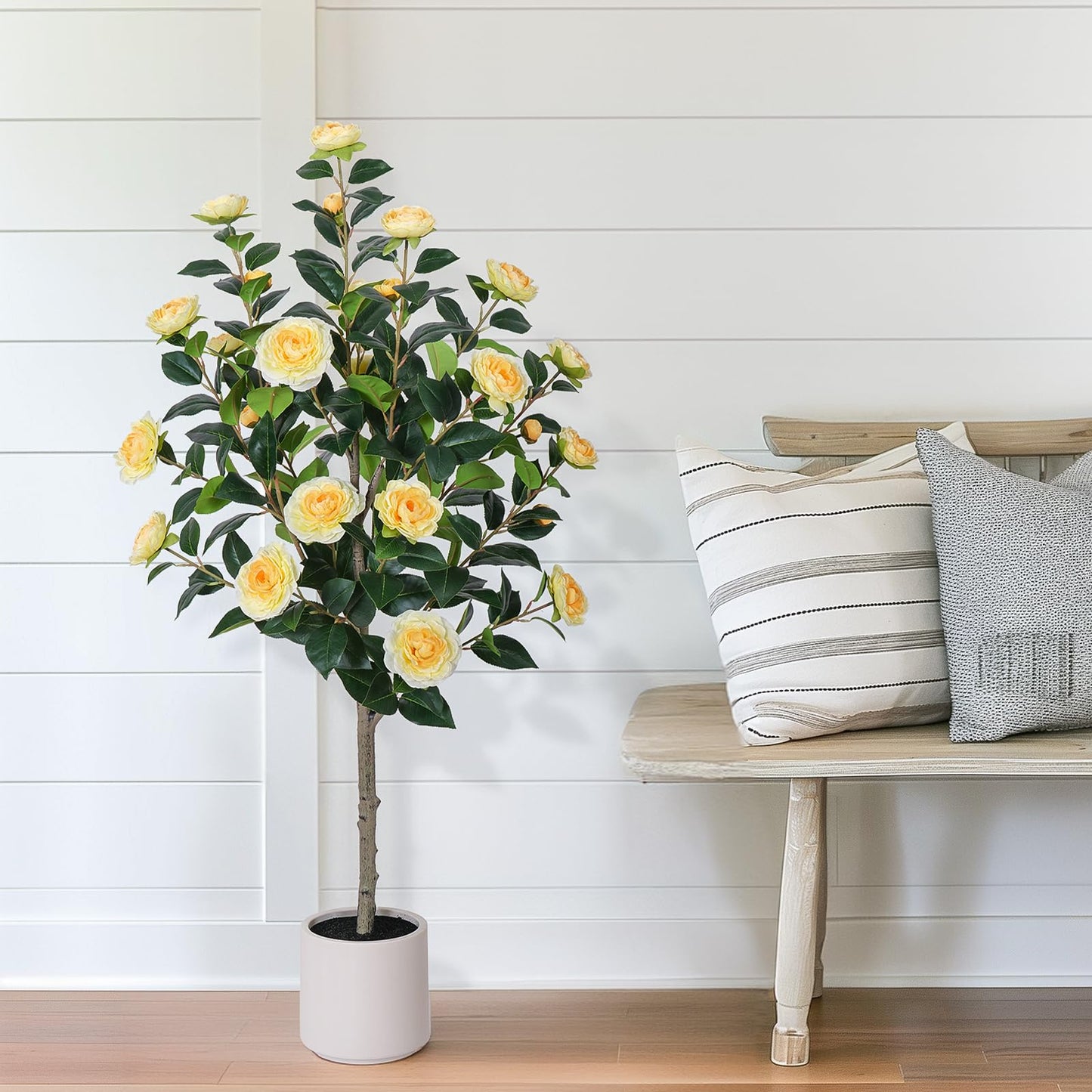 Yepdin 63 inch Artificial Camellia Tree with White Flower Pots - White Fake Tree,5 Ft Faux Plants Indoor wich Blooming,Artificial Plants for Indoor & Outdoor Home Front Door Decor