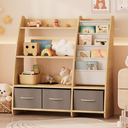 NACHES Kids Bookshelf and Toy Storage Organizer, Montessori Nursery Book Shelves with Sling Rack & Fabric Toy Bins, Children Toddler Baby Bookcase, Wooden Toy Shelf for Kids Room, Playroom, Burlywood
