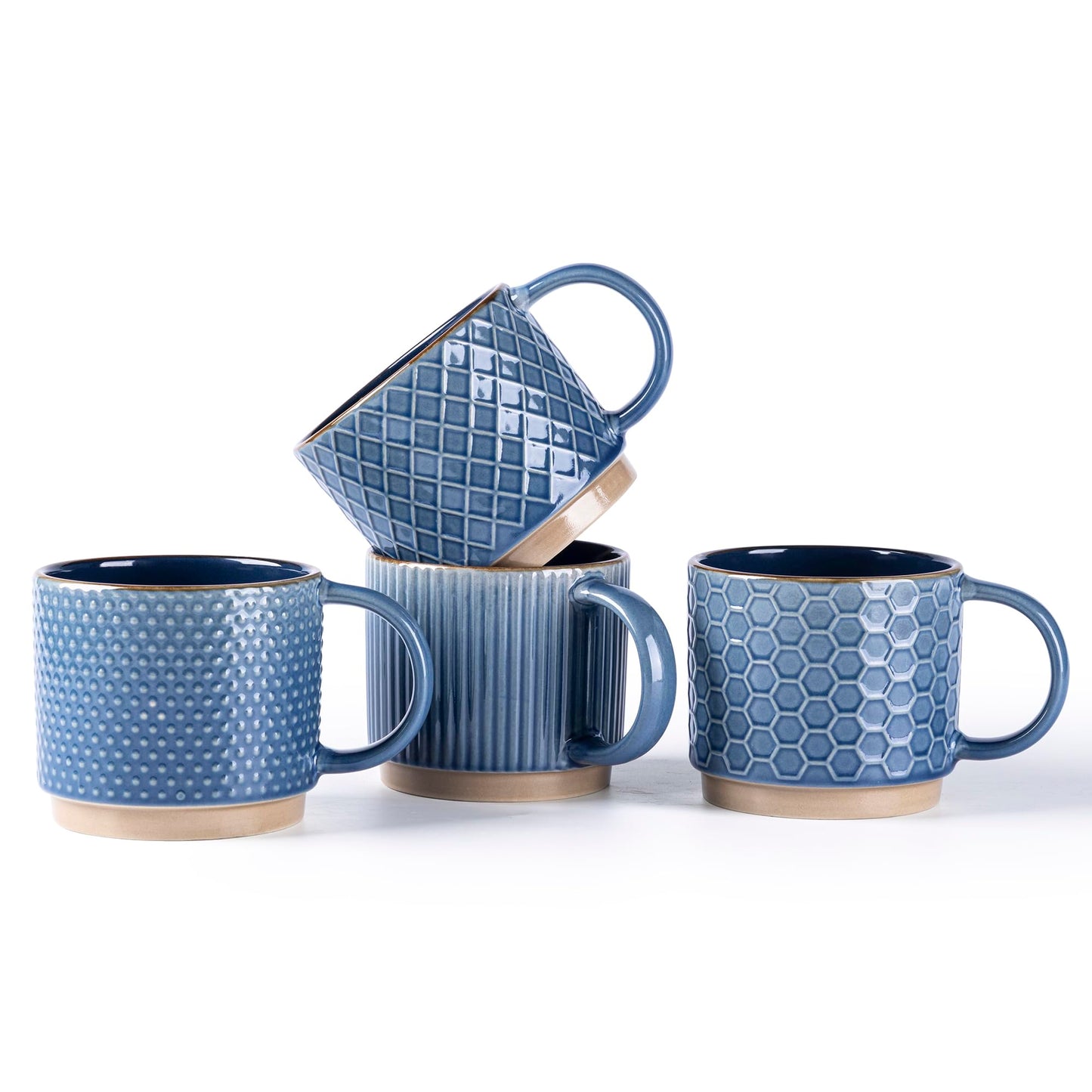 GBhome 12OZ Stackable Coffee Mugs, Ceramic Coffee Mugs with Texture Patterns for Man,Woman,Dad,Mom, Modern Coffee Mugs Set of 4 for Latte/Cappuccino/Cocoa. Dishwasher&Microwave Safe, Pale Khaki