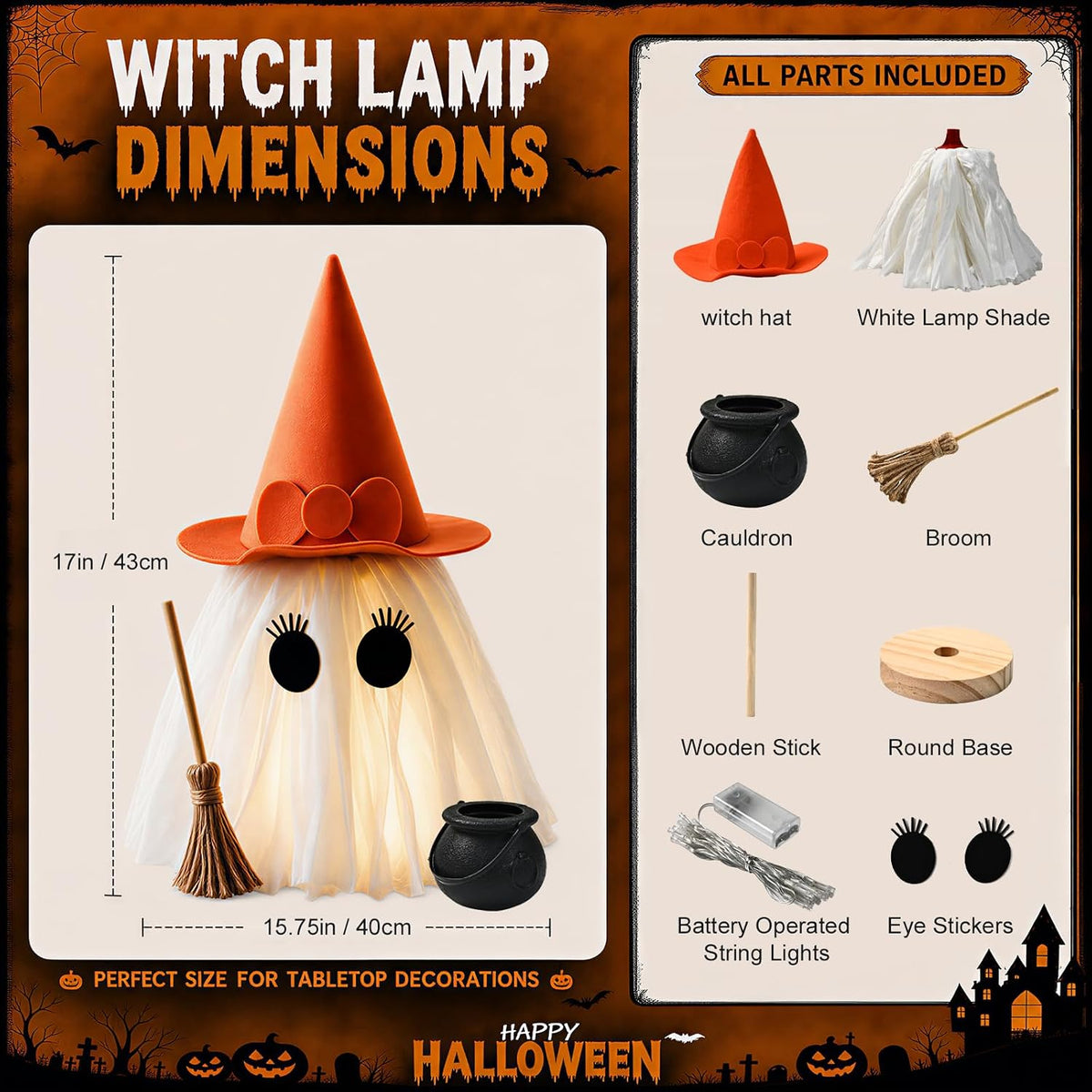Halloween Decorations – Set of 2 Light-Up Ghosts with Witch Hats
