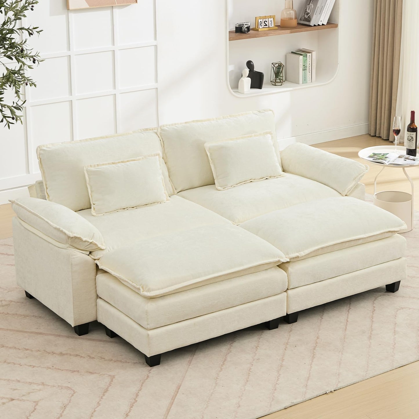 120" Modular Sectional Sofa, Comfy Cloud Couch Sectional Sofa with Ottoman, Chenille Sofa Sleeper Deep Seat Sofa with Throw Pillows for Living Room (Beige White, 120"- U Shape)