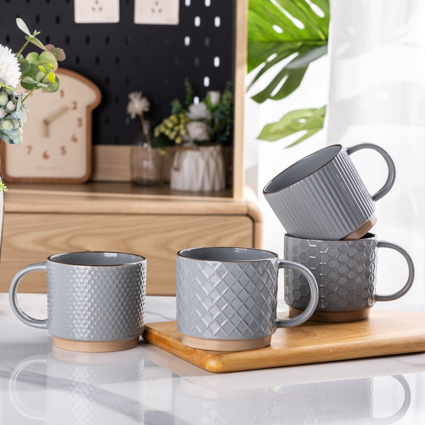 GBhome 12OZ Stackable Coffee Mugs, Ceramic Coffee Mugs with Texture Patterns for Man,Woman,Dad,Mom, Modern Coffee Mugs Set of 4 for Latte/Cappuccino/Cocoa. Dishwasher&Microwave Safe, Pale Khaki