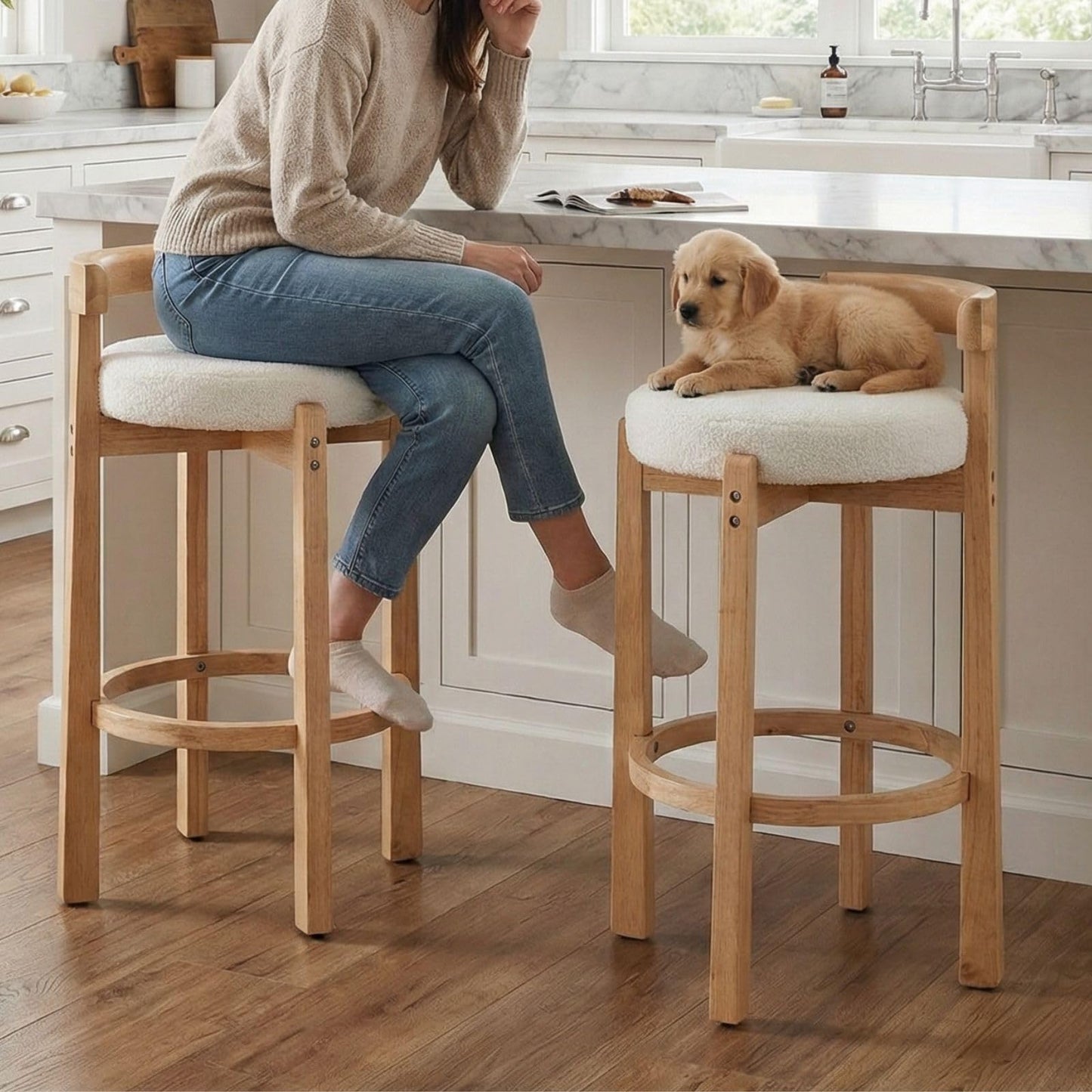 LukeAlon Mid Century Linen Counter Stools Set of 3, Upholstered 26.5" Seat Height Low Barstools with Natural Wood Legs Round Low Back Kitchen Stools with Footrest for Dining Room, Beige