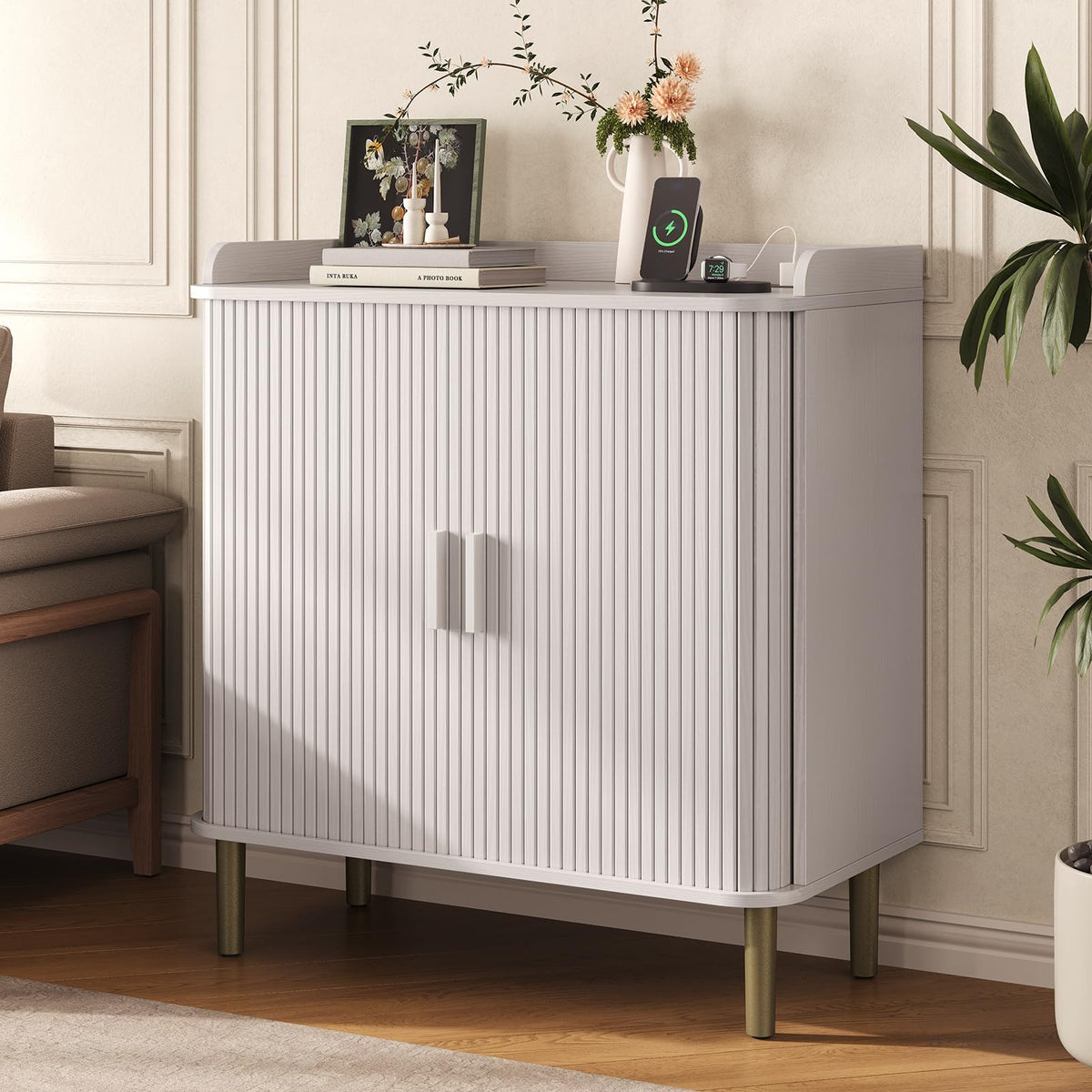 33" H Fluted Bar Cabinet with Storage, Wine Cabinet