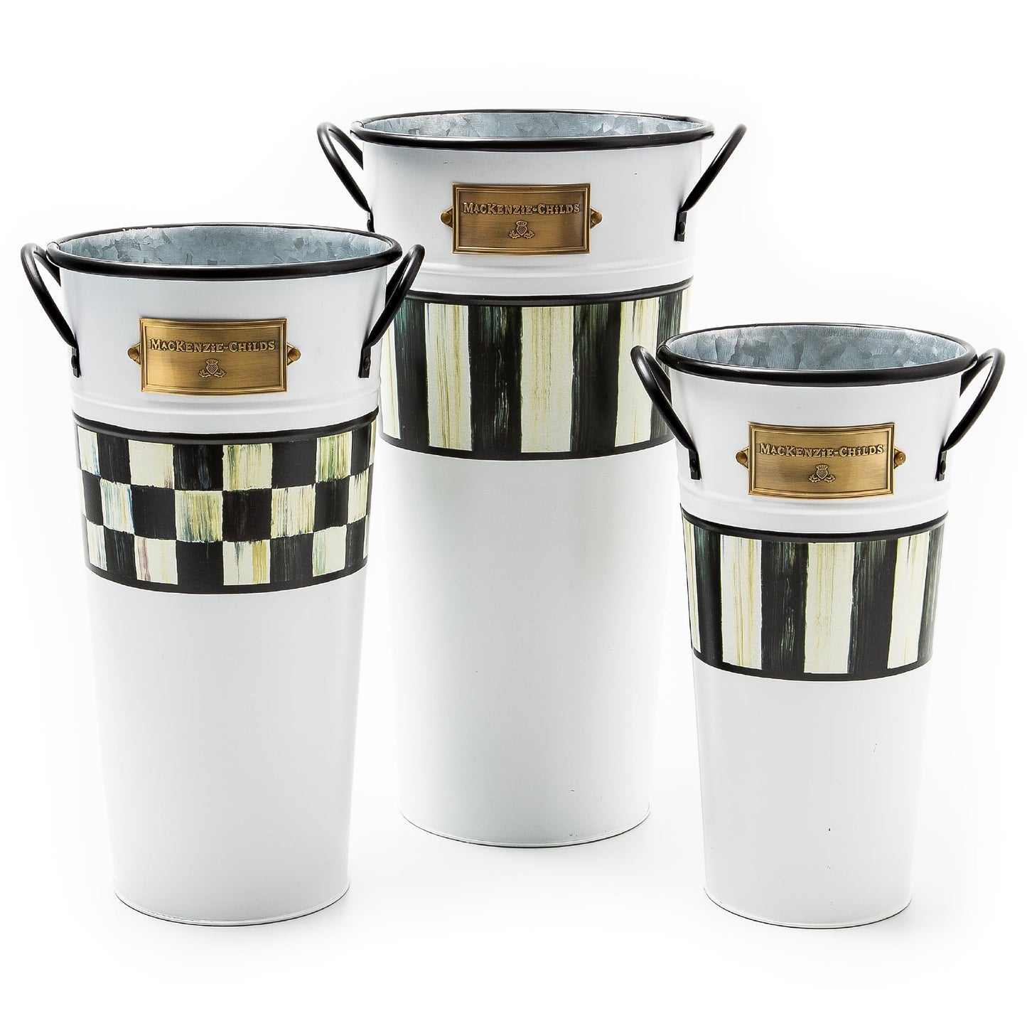 MACKENZIE-CHILDS Set of 3 Galvanized Flower Buckets, Decorative Metal Buckets, Black-and-White Courtly Stripe
