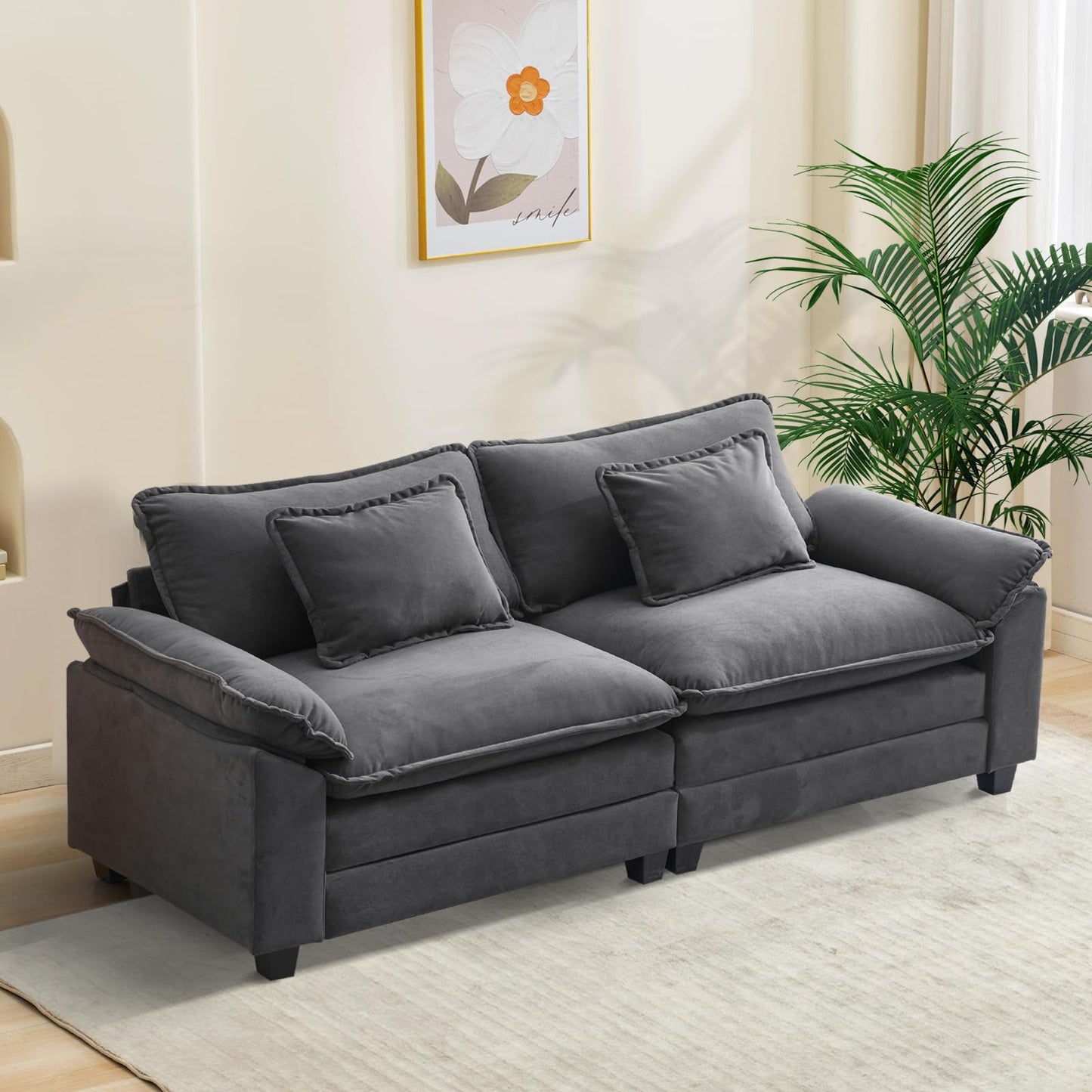 120" Modular Sectional Sofa, Comfy Cloud Couch Sectional Sofa with Ottoman, Chenille Sofa Sleeper Deep Seat Sofa with Throw Pillows for Living Room (Beige White, 120"- U Shape)